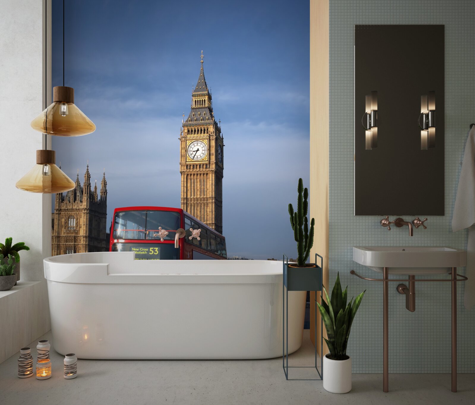 Papier peint un bus avec des passagers quitte Big Ben