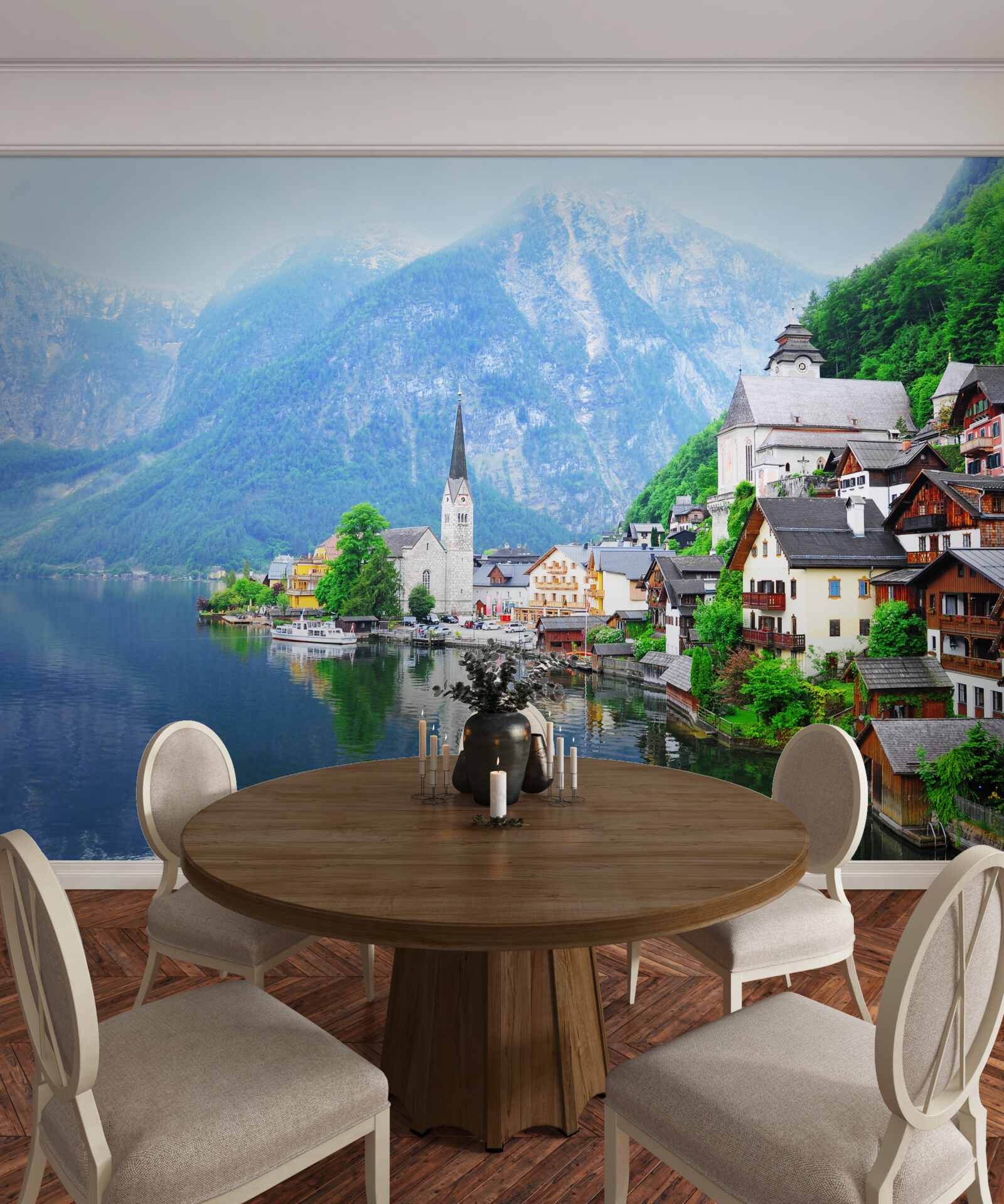 Papier peint village suisse tranquille au pied de la montagne, au bord de l'étang