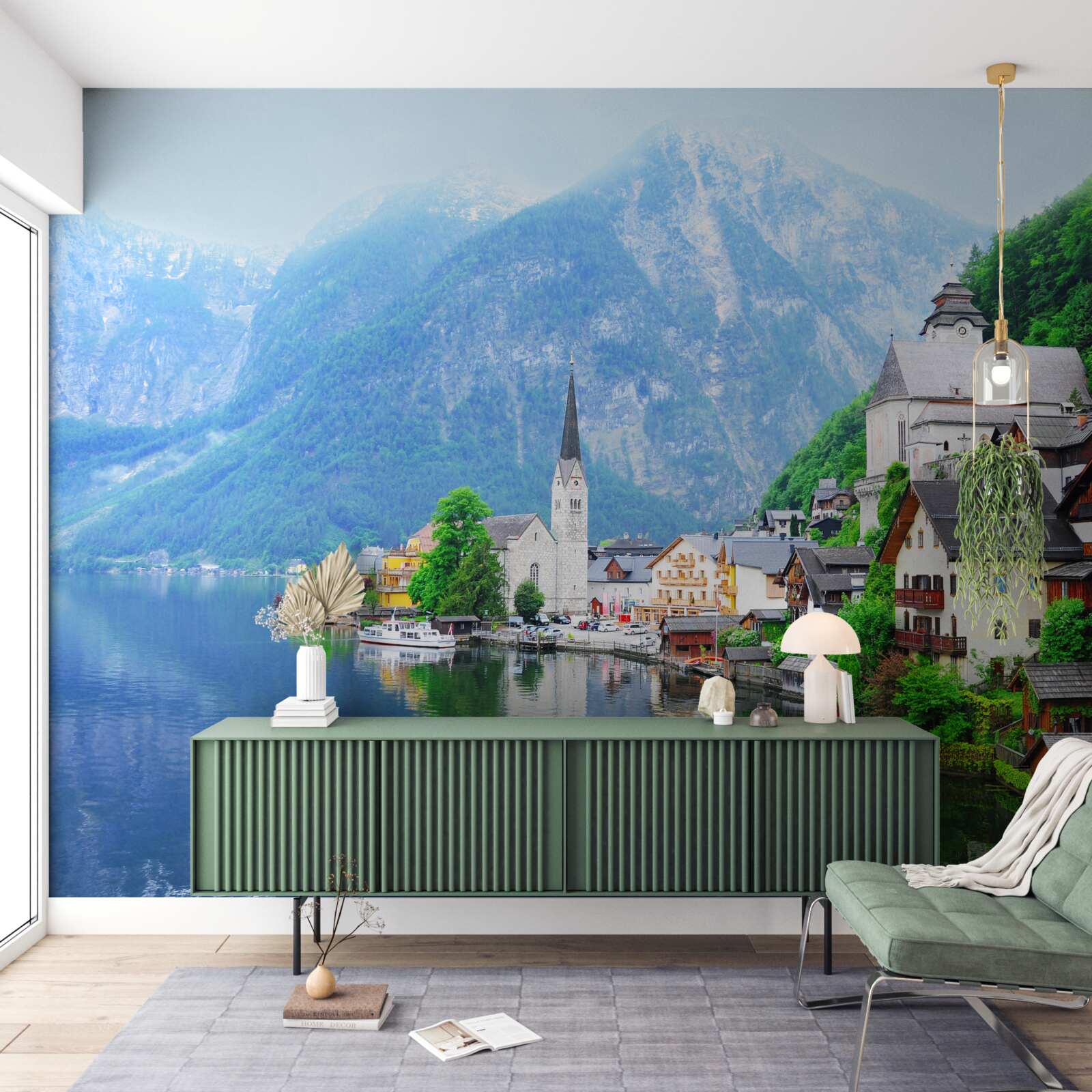Papier peint village suisse tranquille au pied de la montagne, au bord de l'étang