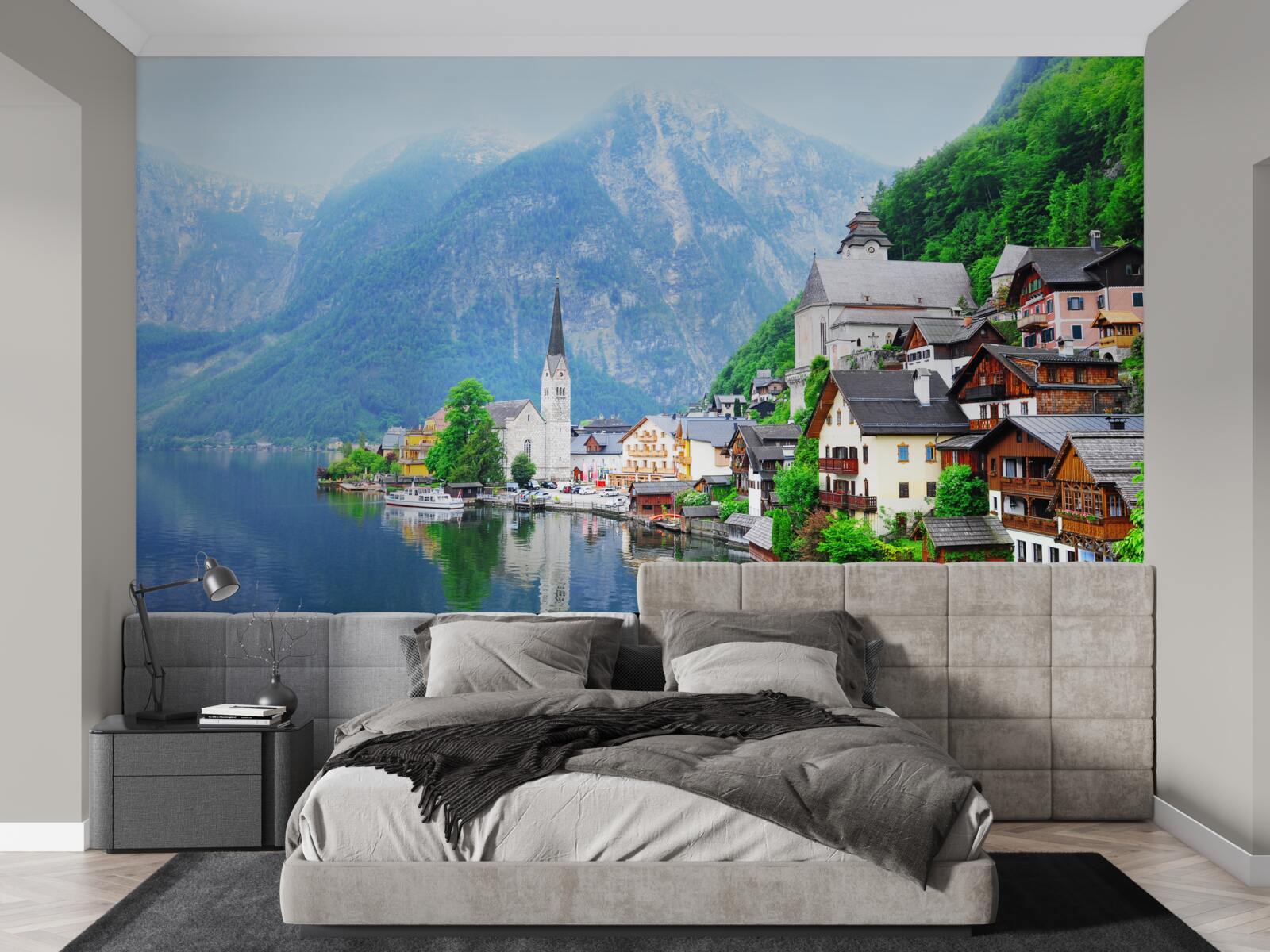 Papier peint village suisse tranquille au pied de la montagne, au bord de l'étang