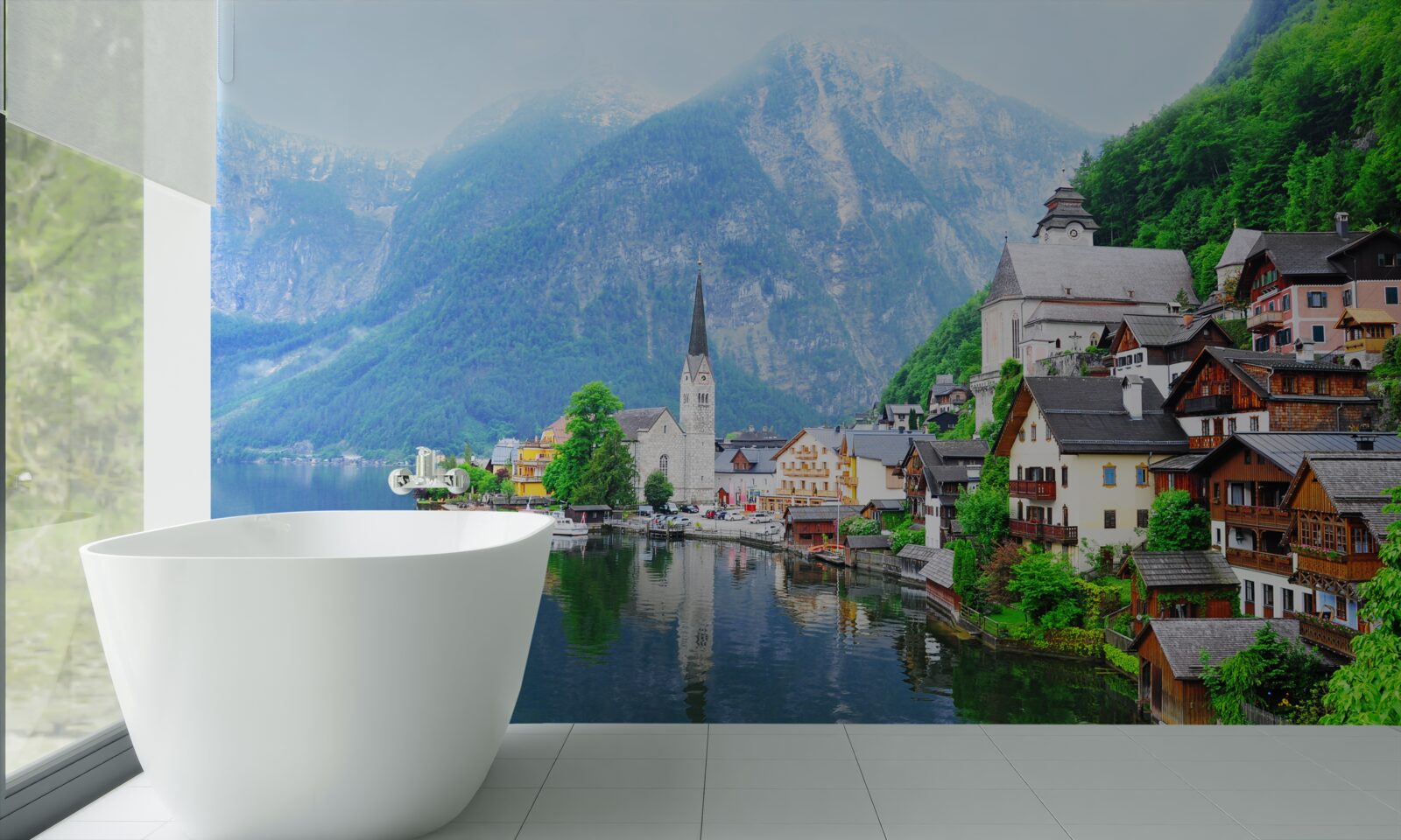 Papier peint village suisse tranquille au pied de la montagne, au bord de l'étang