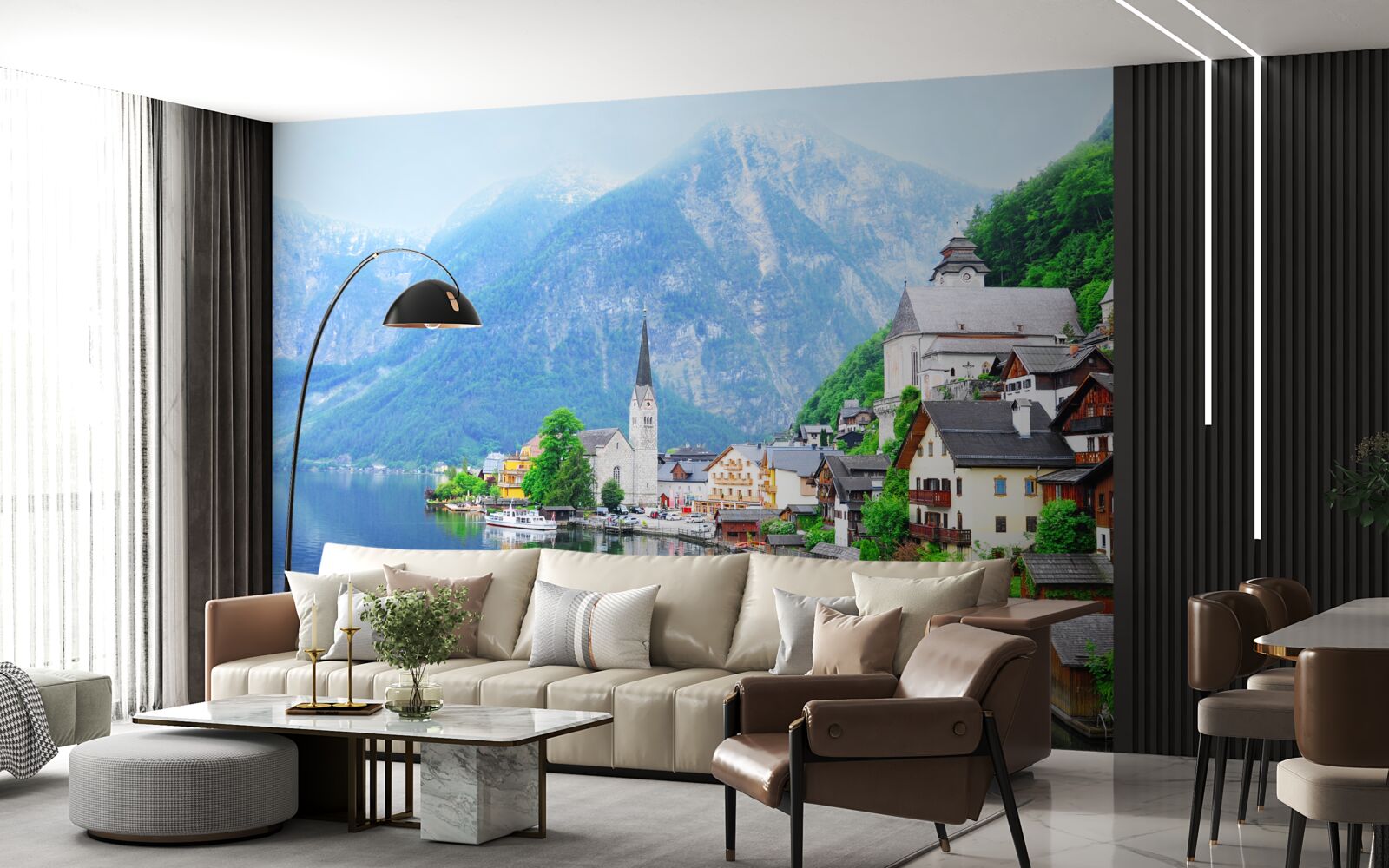 Papier peint village suisse tranquille au pied de la montagne, au bord de l'étang