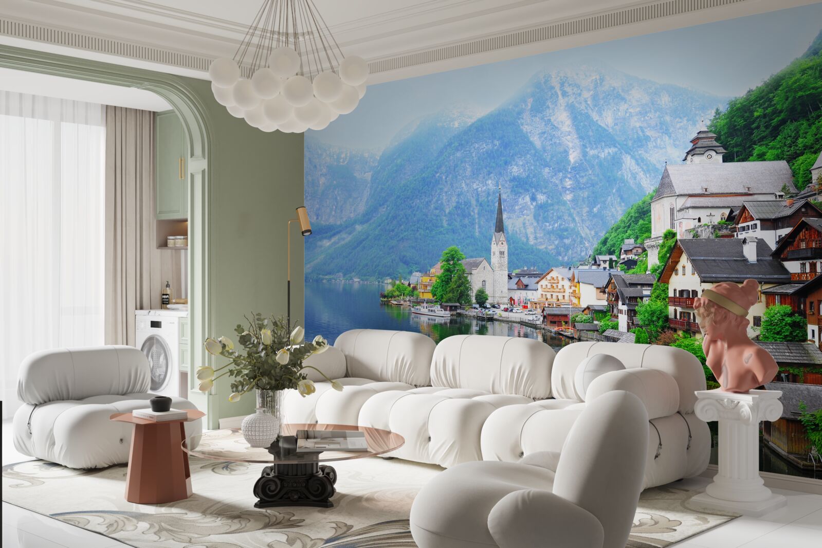 Papier peint village suisse tranquille au pied de la montagne, au bord de l'étang