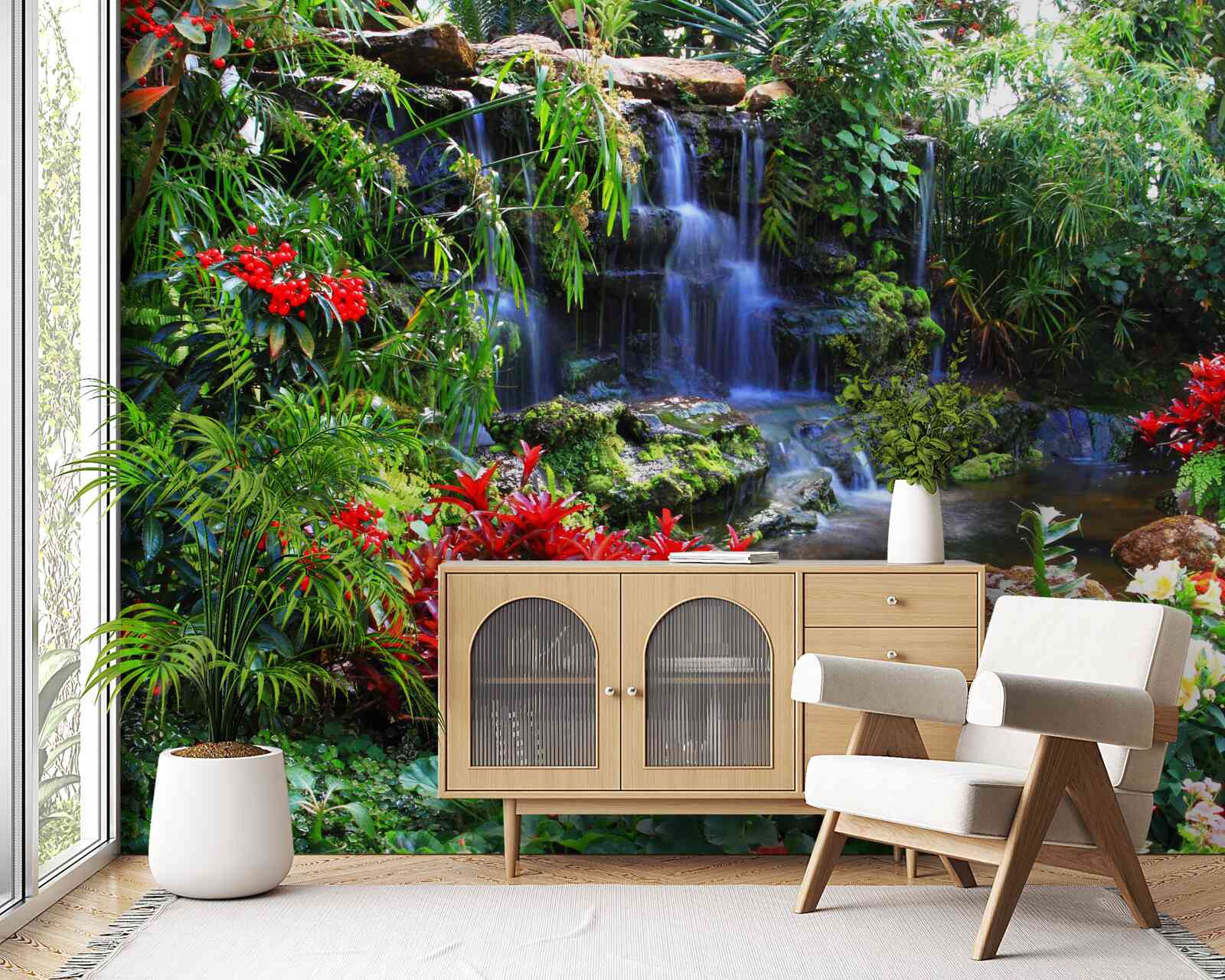 Papier peint un lieu magique près d'une cascade, entouré de fleurs