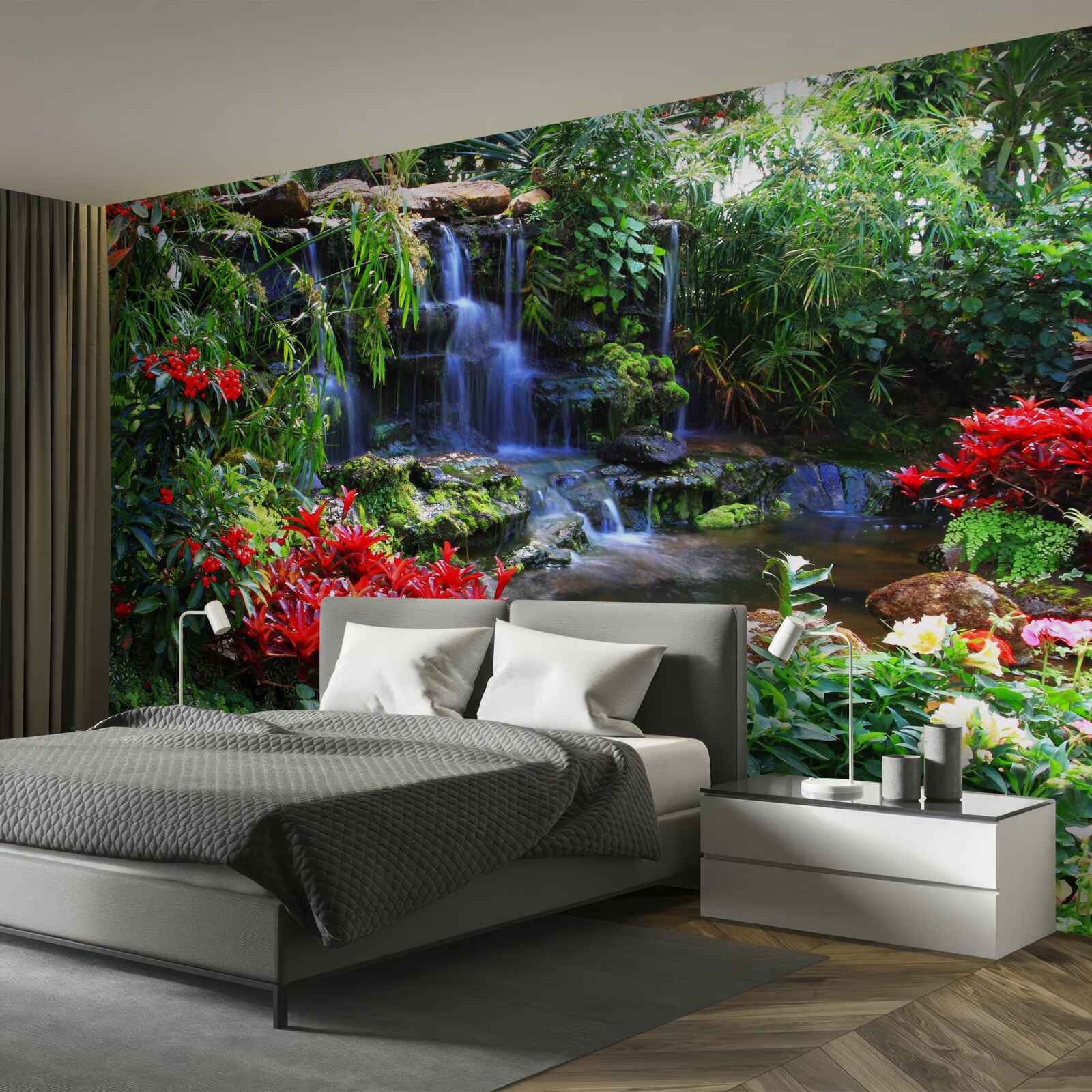 Papier peint un lieu magique près d'une cascade, entouré de fleurs