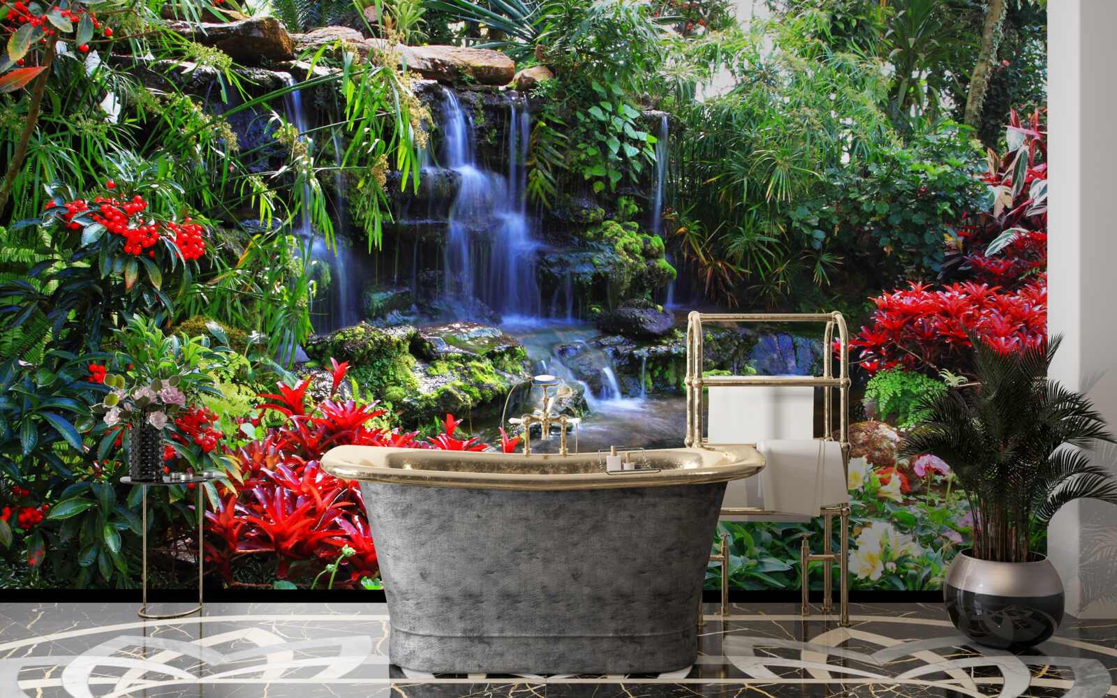 Papier peint un lieu magique près d'une cascade, entouré de fleurs