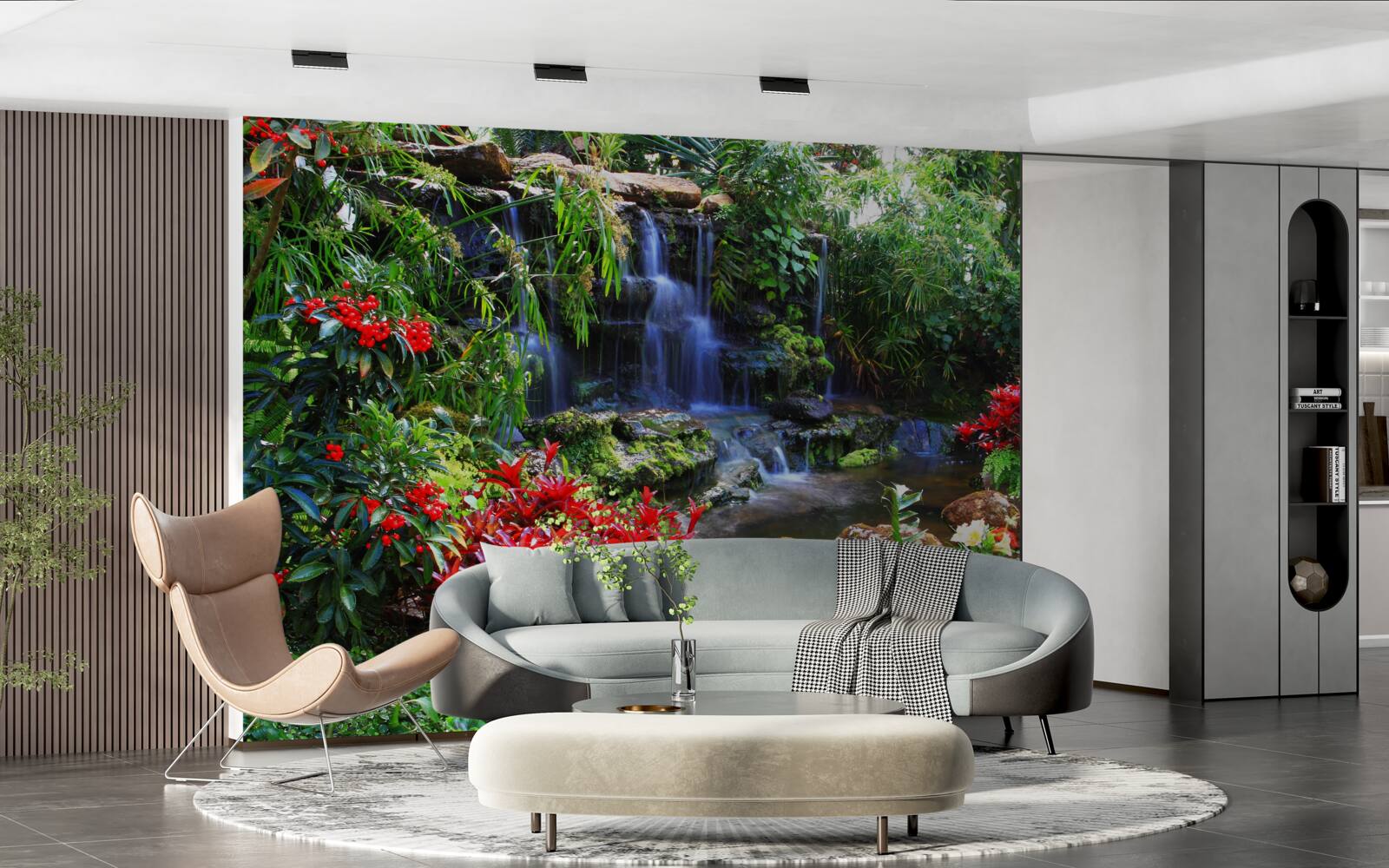 Papier peint un lieu magique près d'une cascade, entouré de fleurs