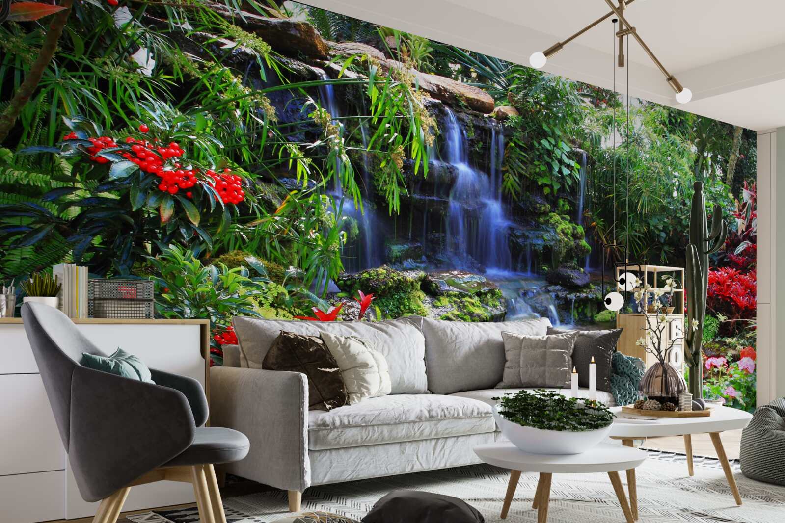 Papier peint un lieu magique près d'une cascade, entouré de fleurs