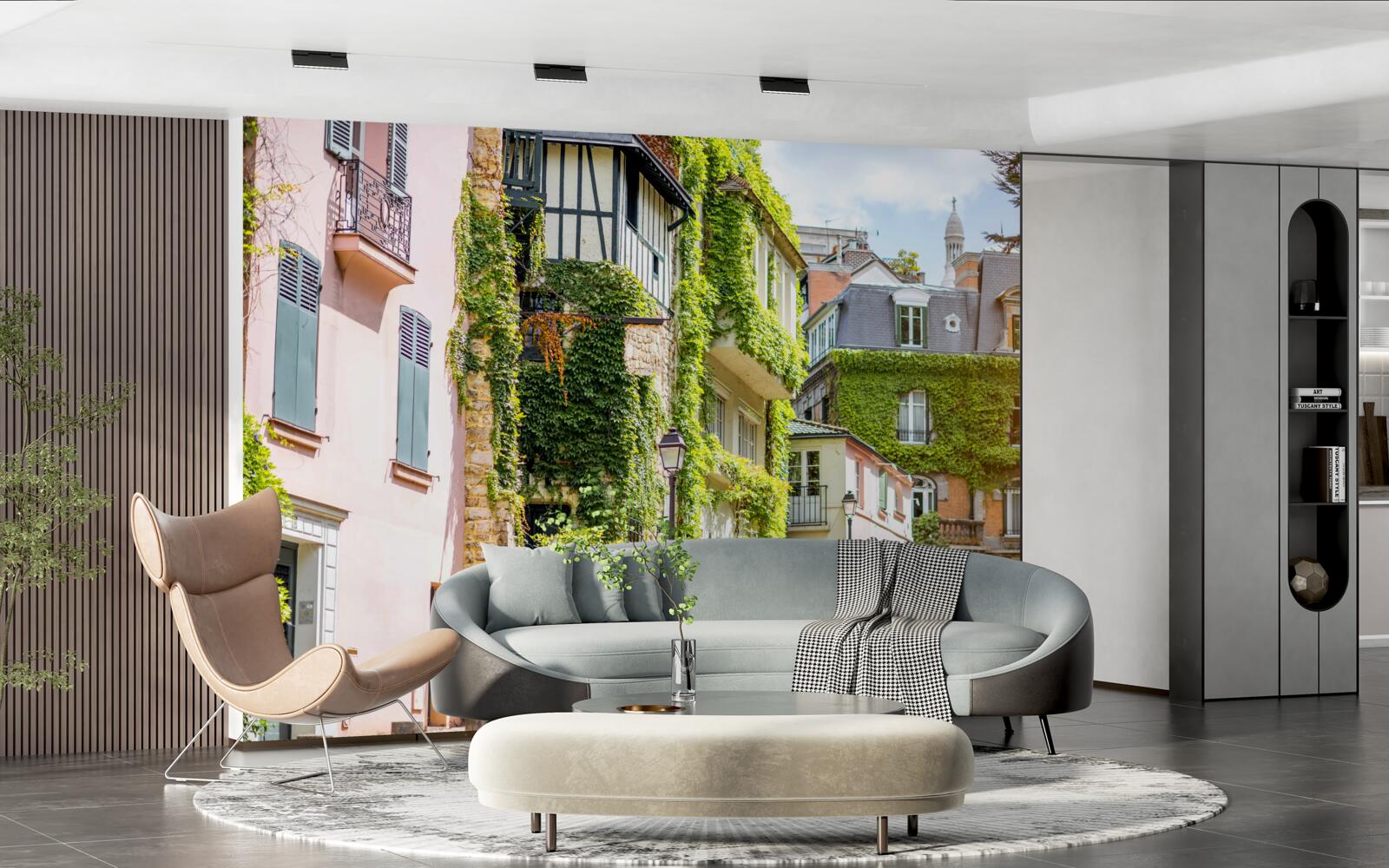 Papier peint vieilles maisons couvertes de belles plantes