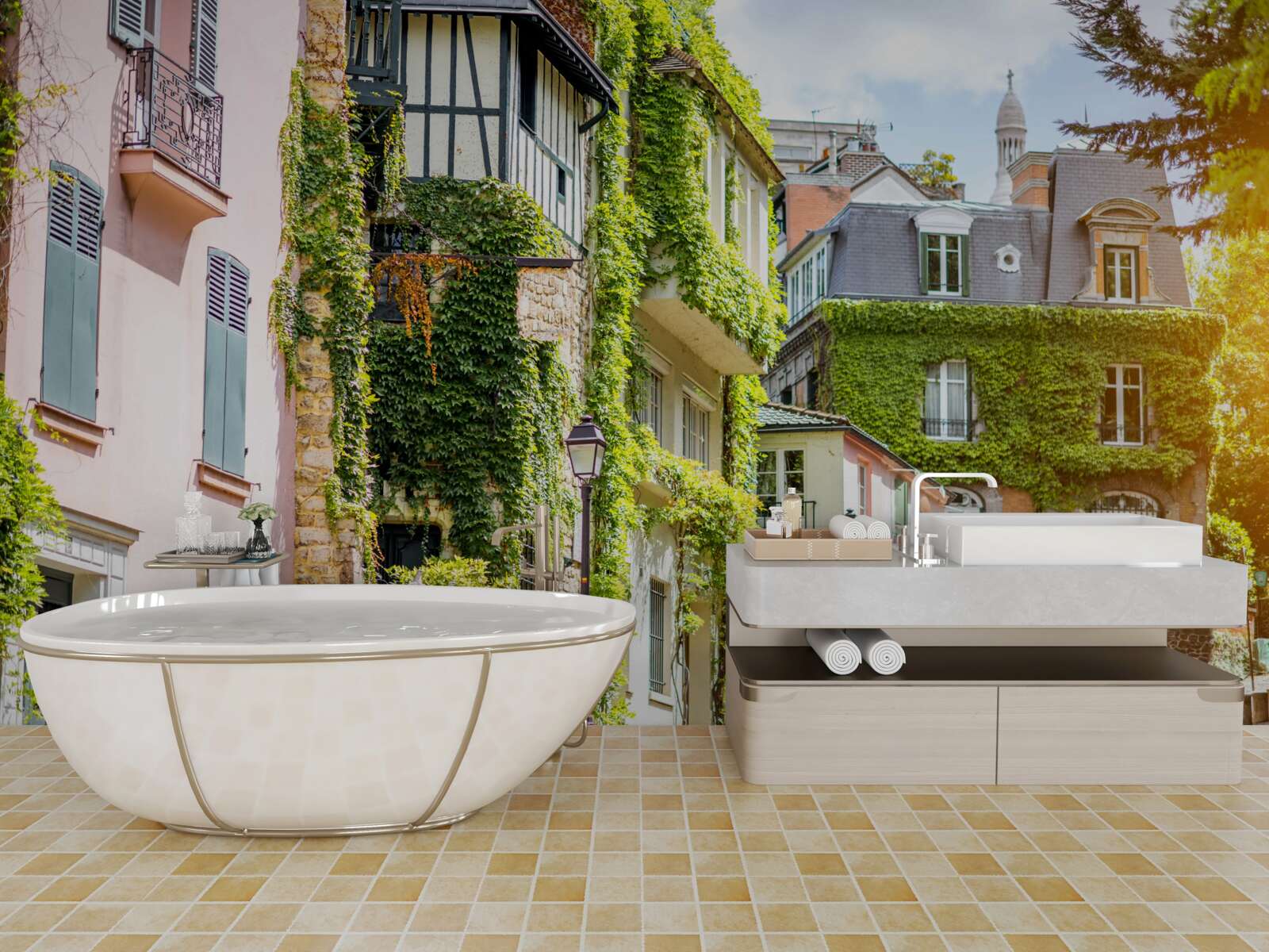 Papier peint vieilles maisons couvertes de belles plantes