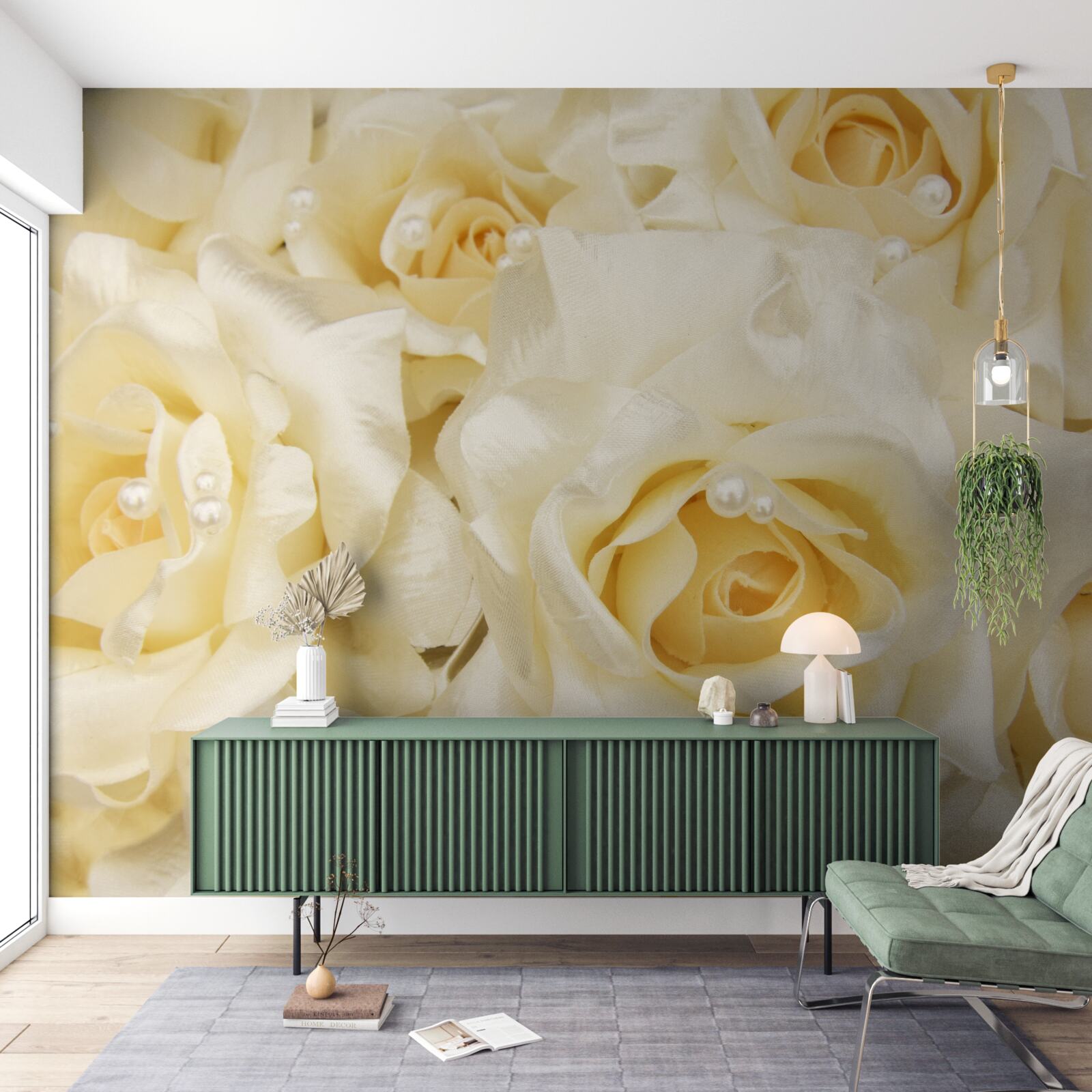 Papier peint composition de roses aux délicats pétales blancs et au cœur jaune