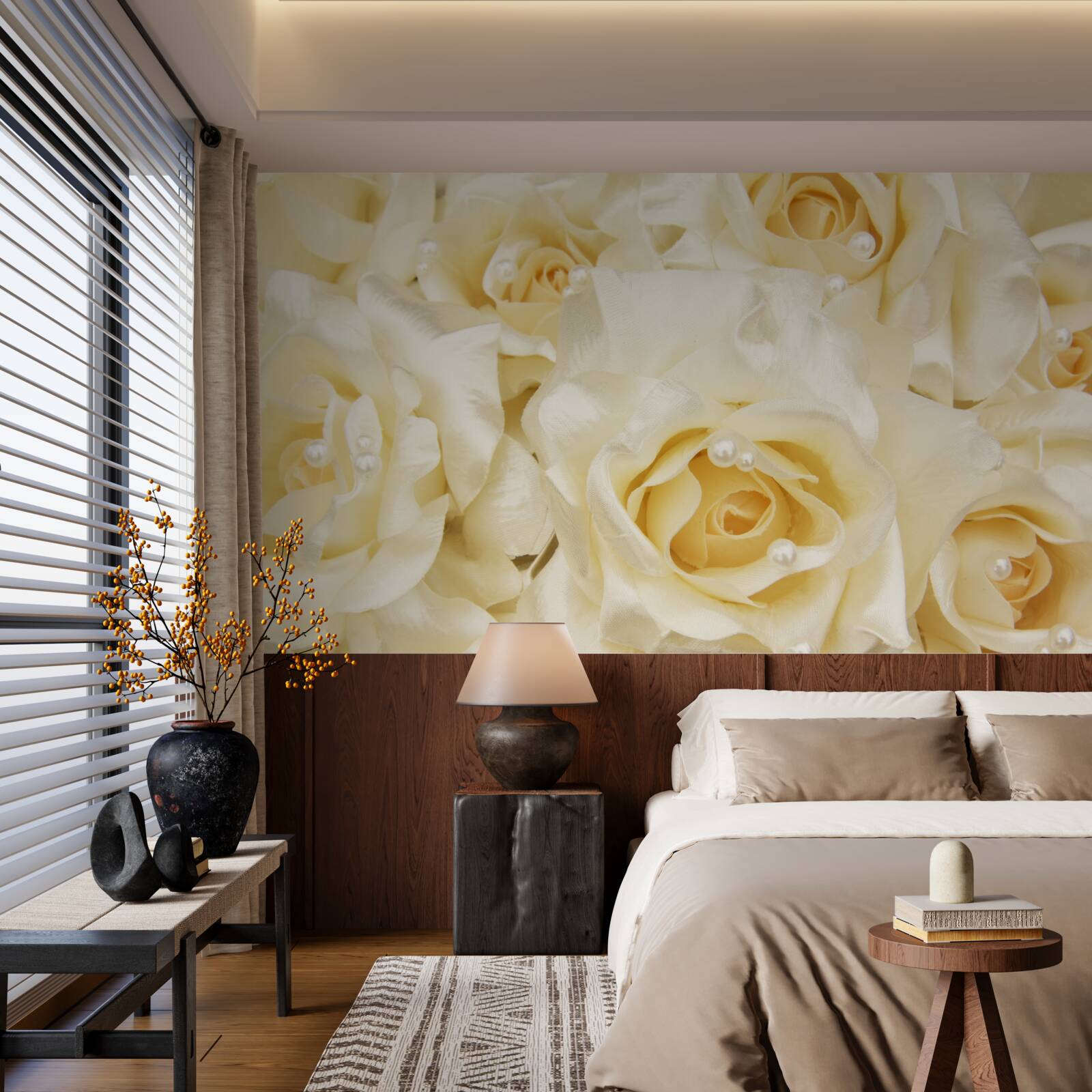 Papier peint composition de roses aux délicats pétales blancs et au cœur jaune