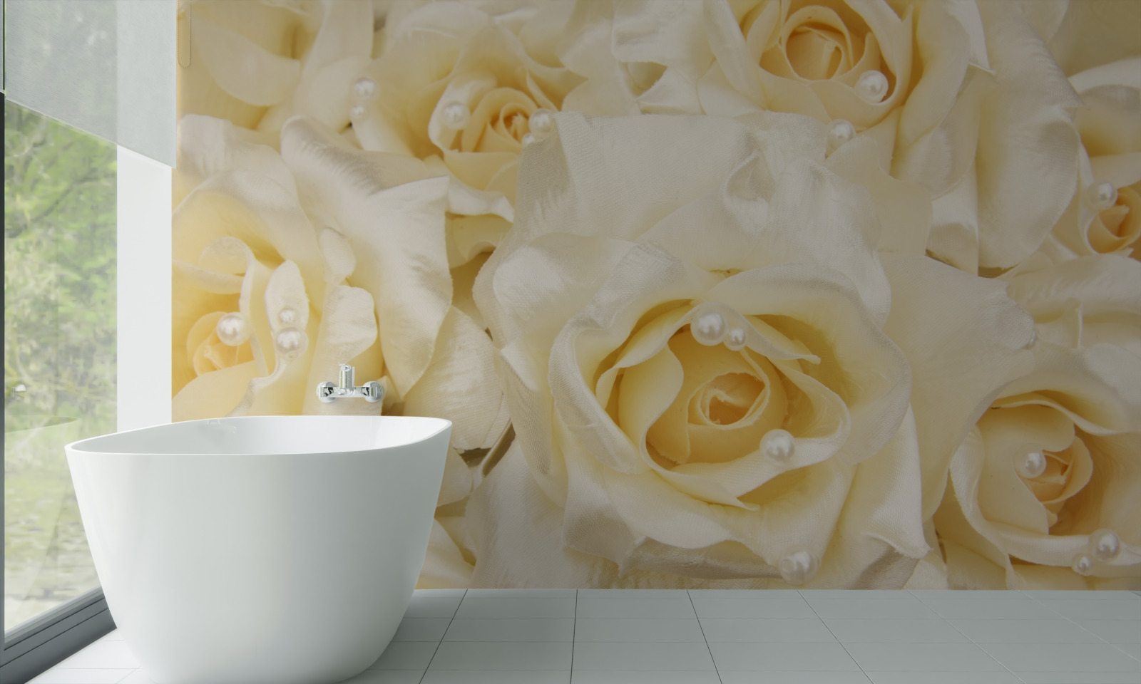 Papier peint composition de roses aux délicats pétales blancs et au cœur jaune