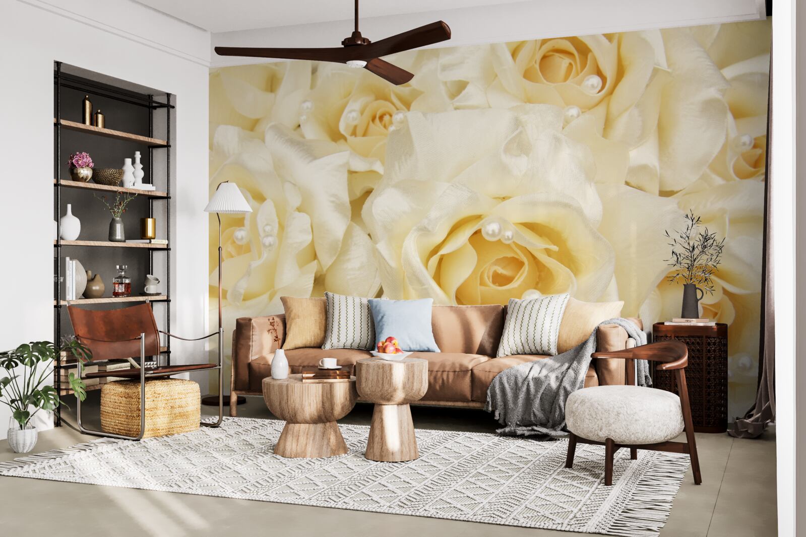 Papier peint composition de roses aux délicats pétales blancs et au cœur jaune