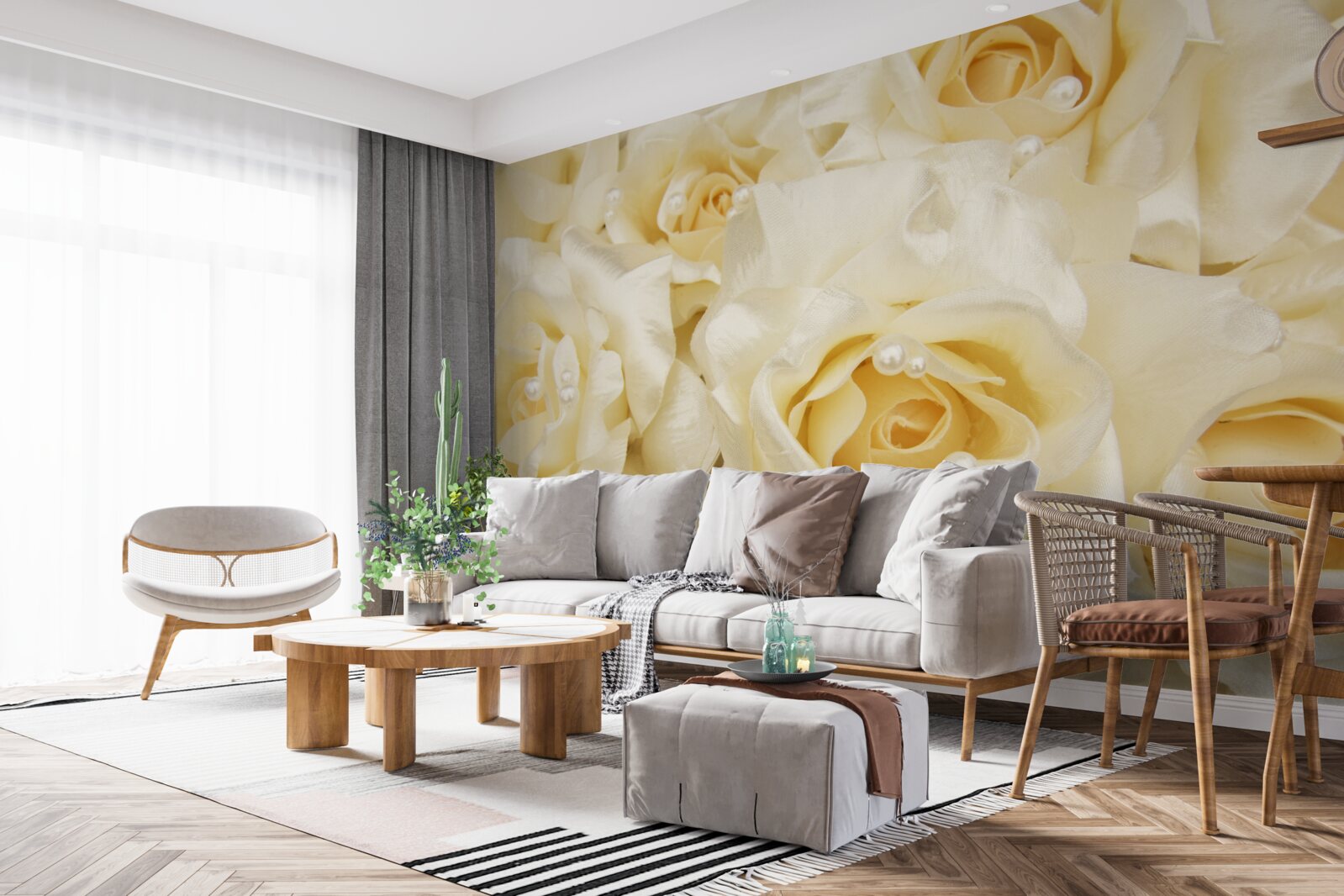 Papier peint composition de roses aux délicats pétales blancs et au cœur jaune