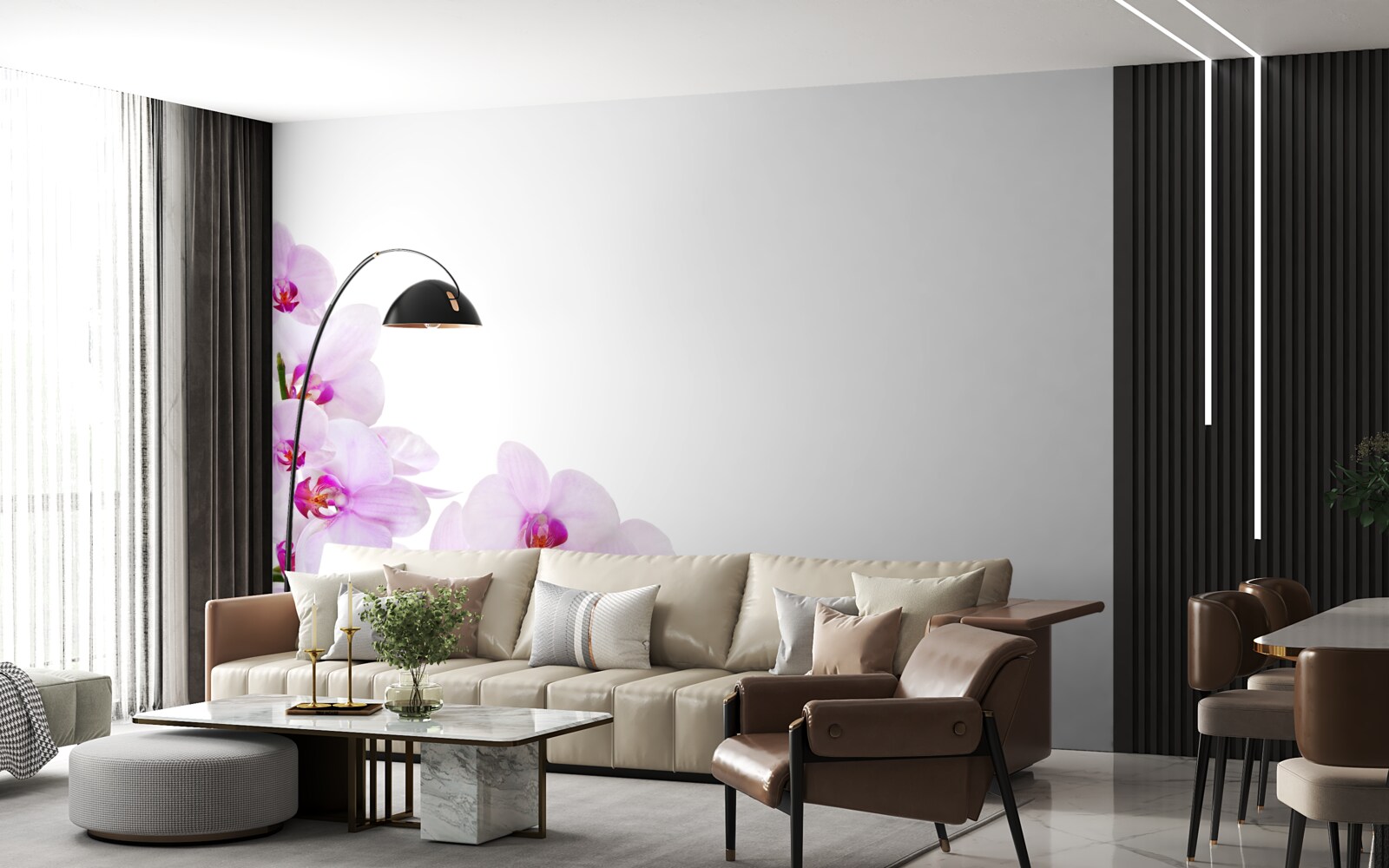 Papier peint branches d'une orchidée brillante sur fond clair