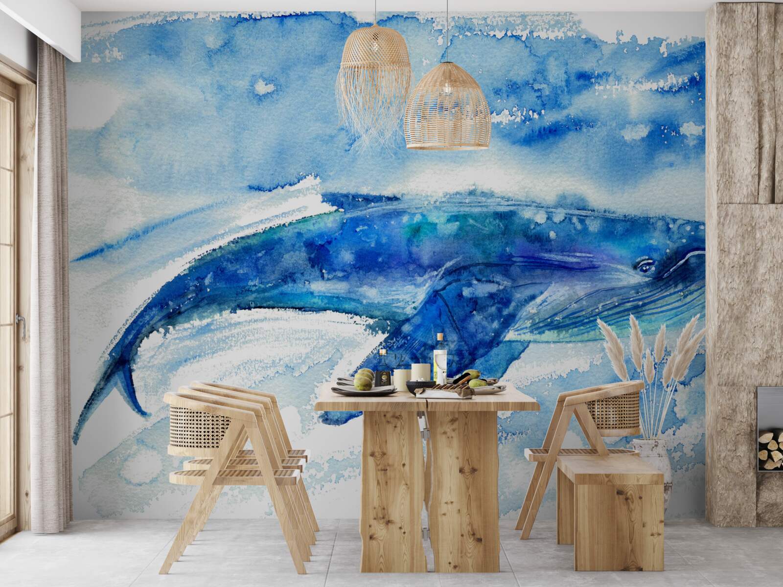 Papier peint aquarelle représentant une baleine bleue