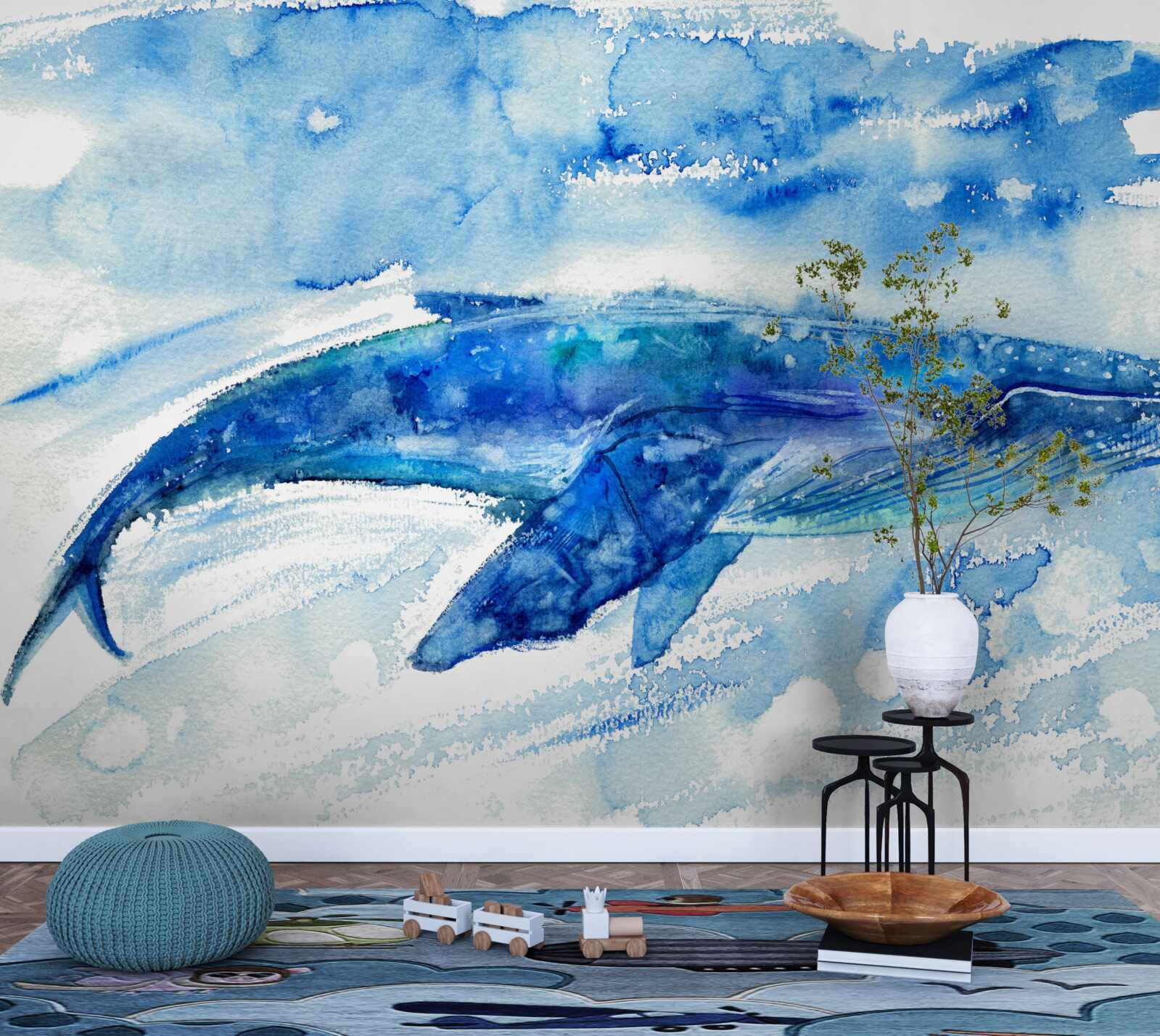 Papier peint aquarelle représentant une baleine bleue