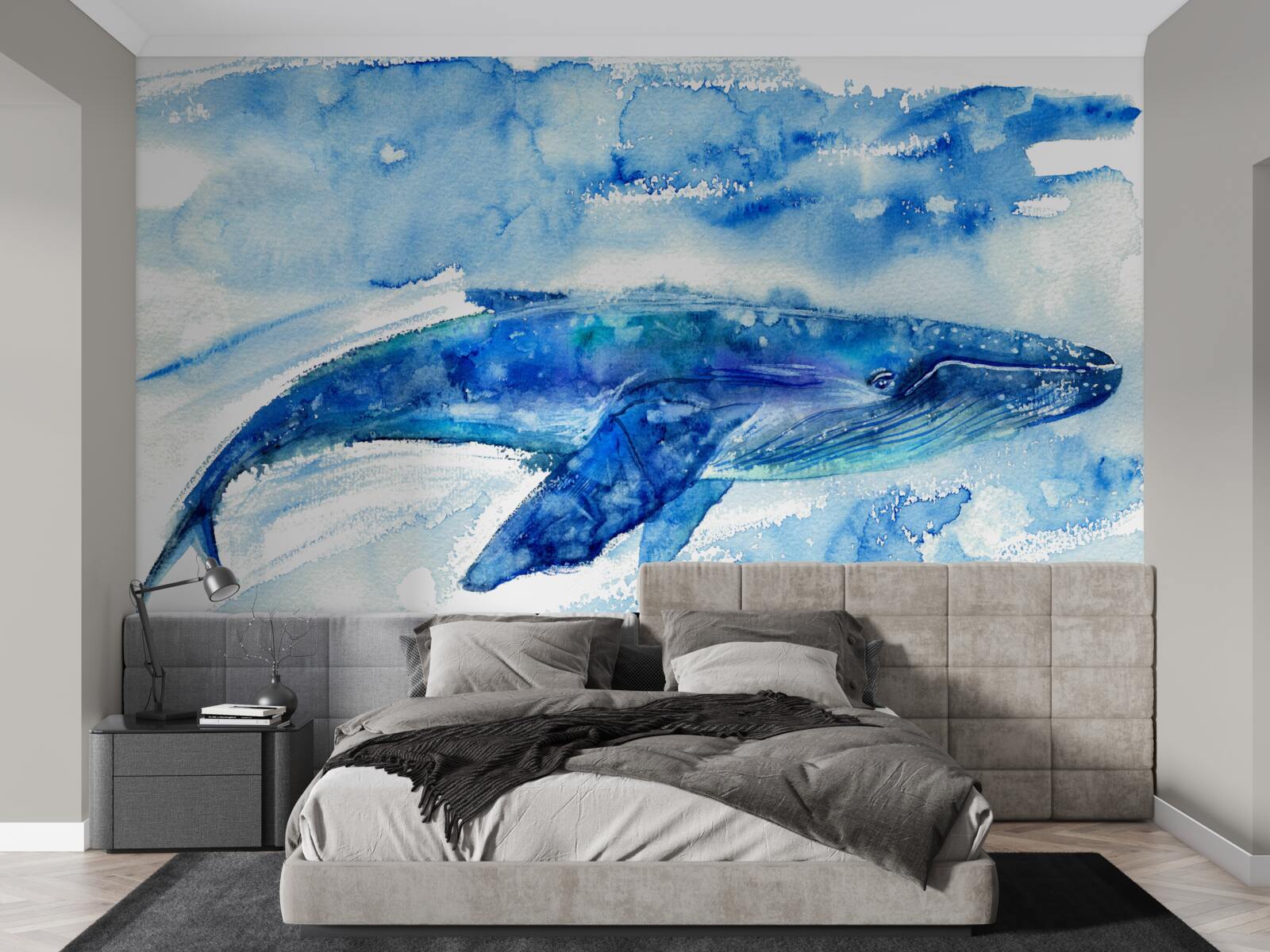 Papier peint aquarelle représentant une baleine bleue