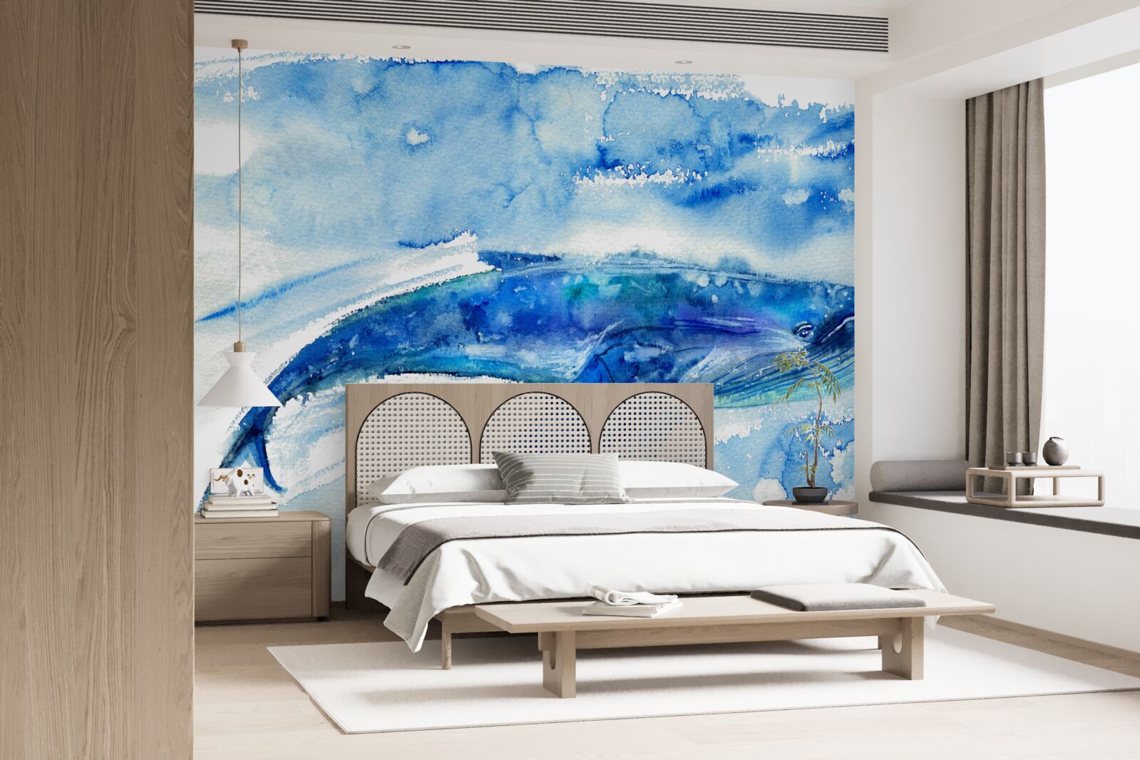 Papier peint aquarelle représentant une baleine bleue