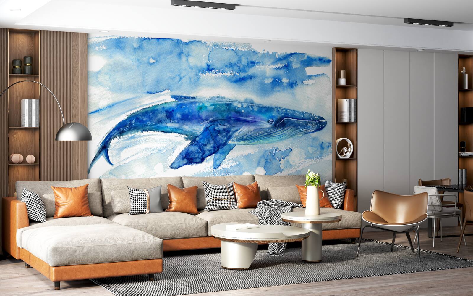 Papier peint aquarelle représentant une baleine bleue