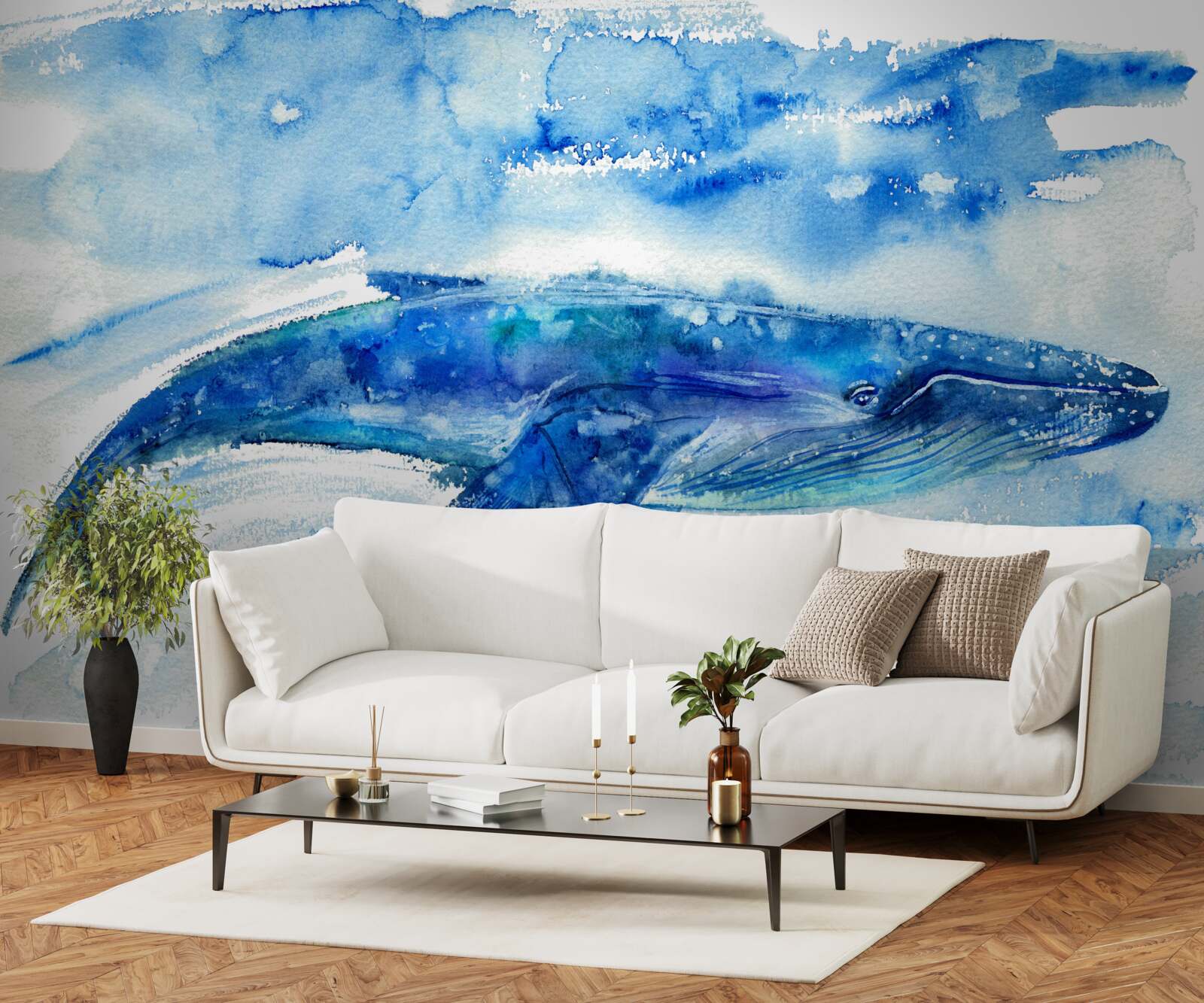 Papier peint aquarelle représentant une baleine bleue