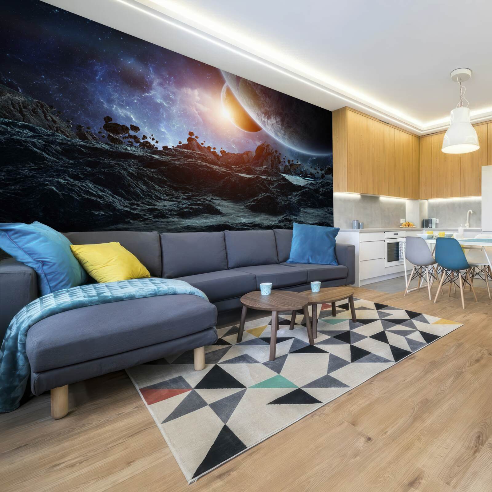 Papier peint un monde futur avec des planètes spatiales