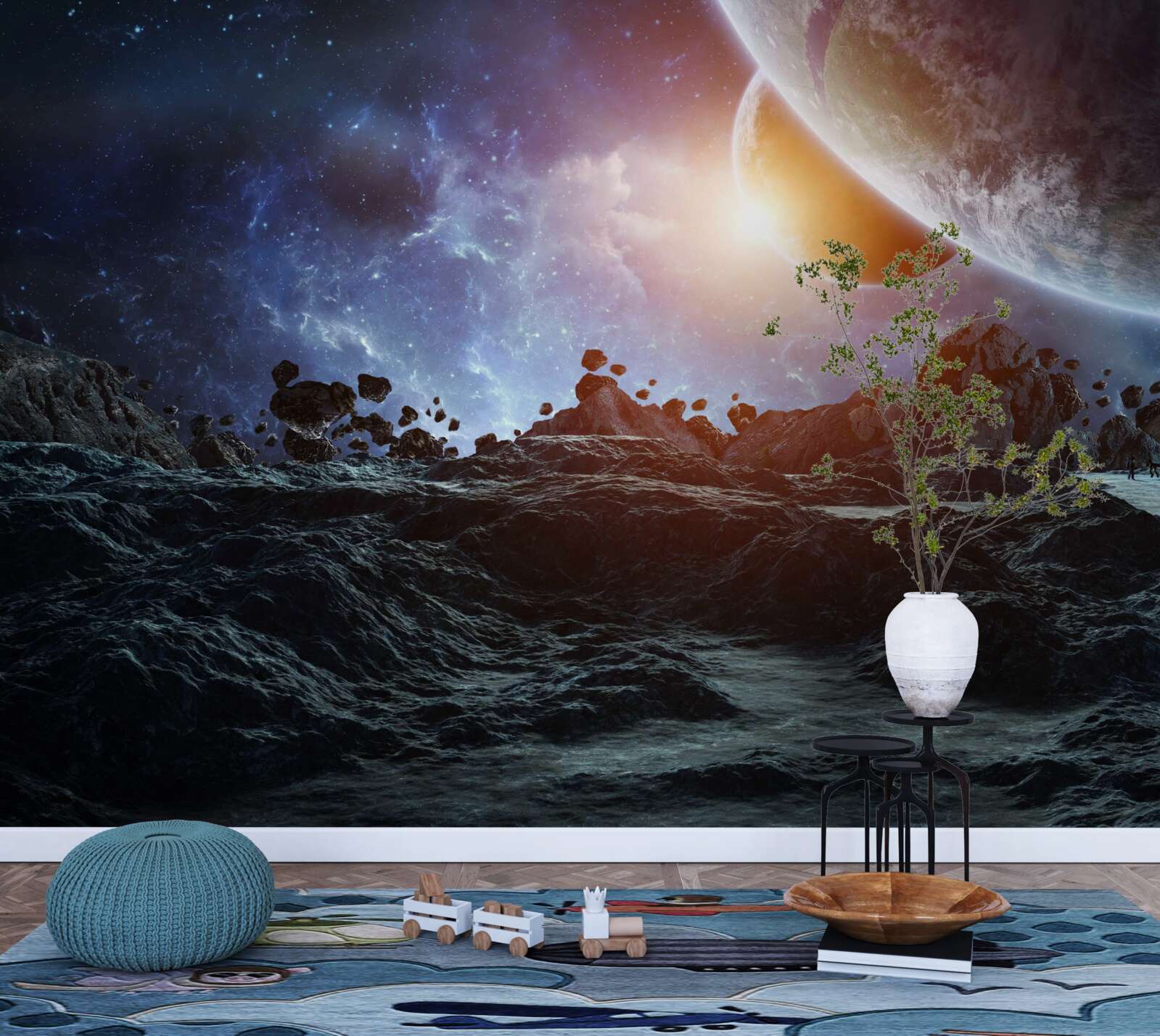 Papier peint un monde futur avec des planètes spatiales