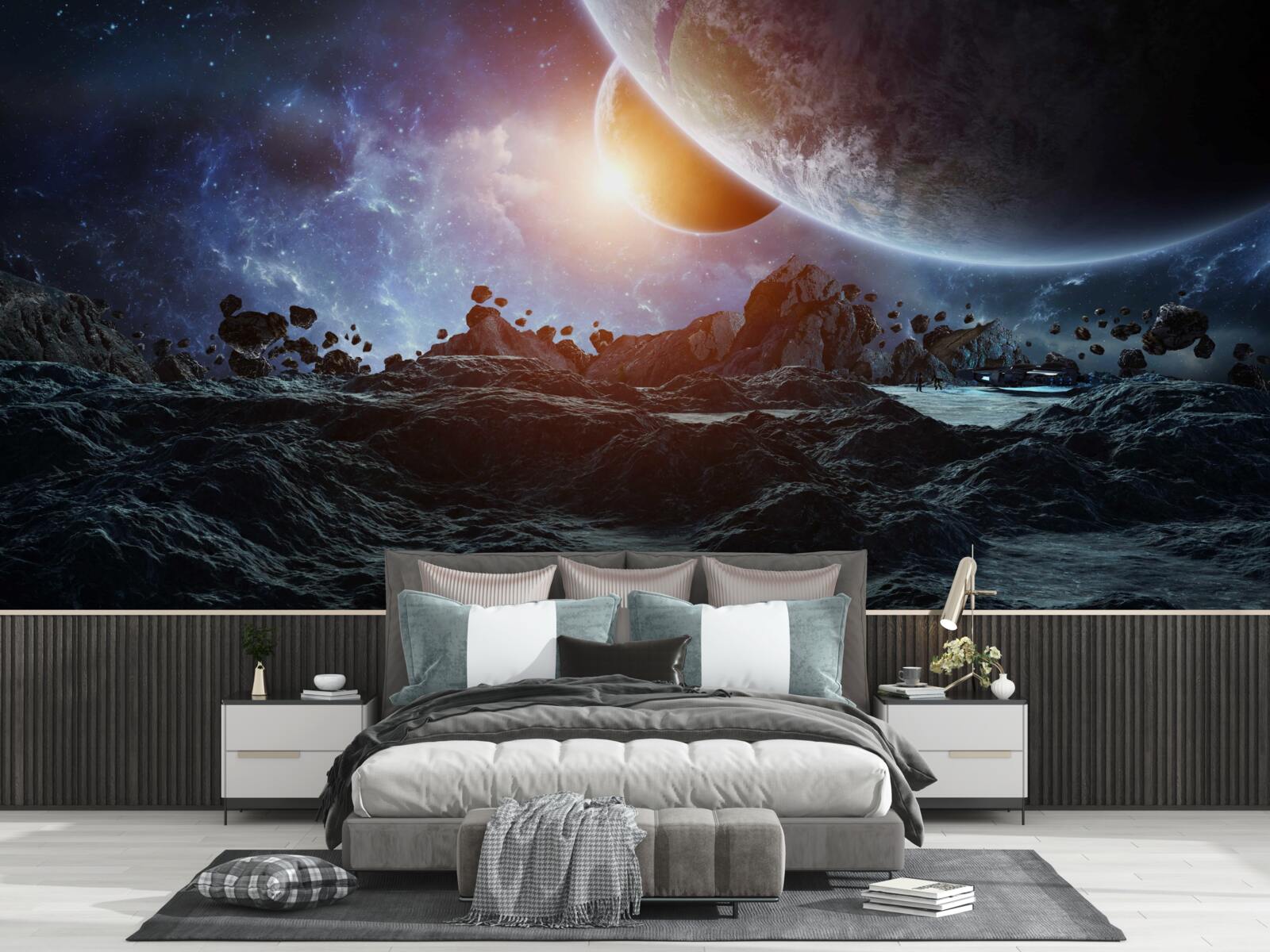 Papier peint un monde futur avec des planètes spatiales