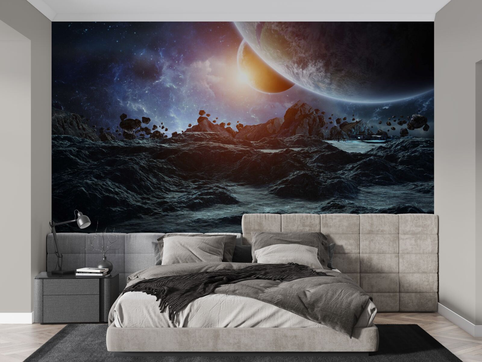 Papier peint un monde futur avec des planètes spatiales