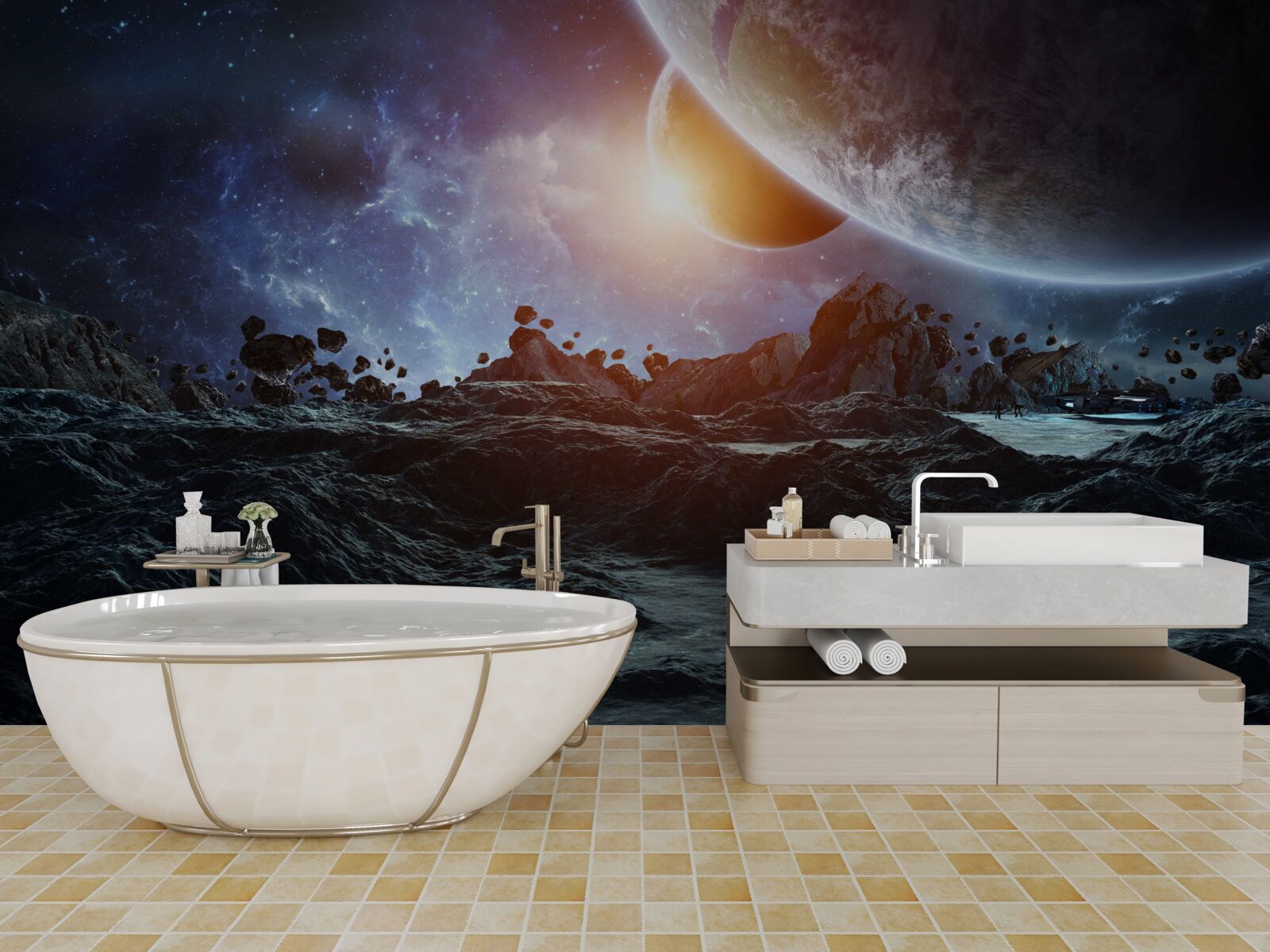 Papier peint un monde futur avec des planètes spatiales