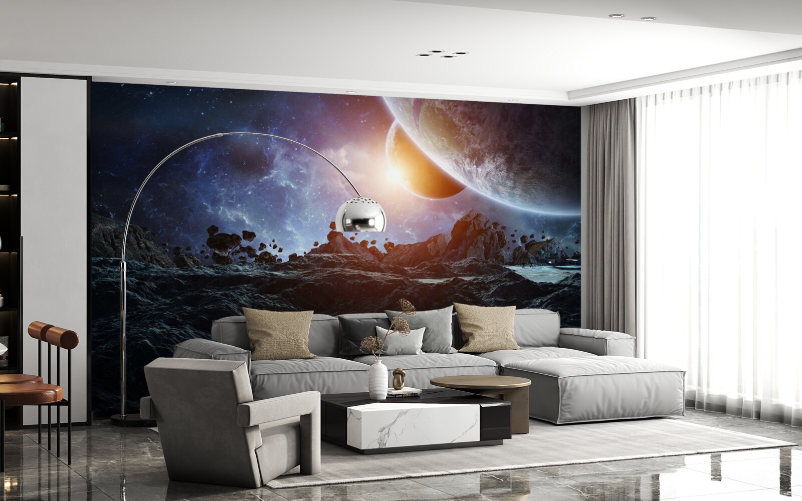 Papier peint un monde futur avec des planètes spatiales