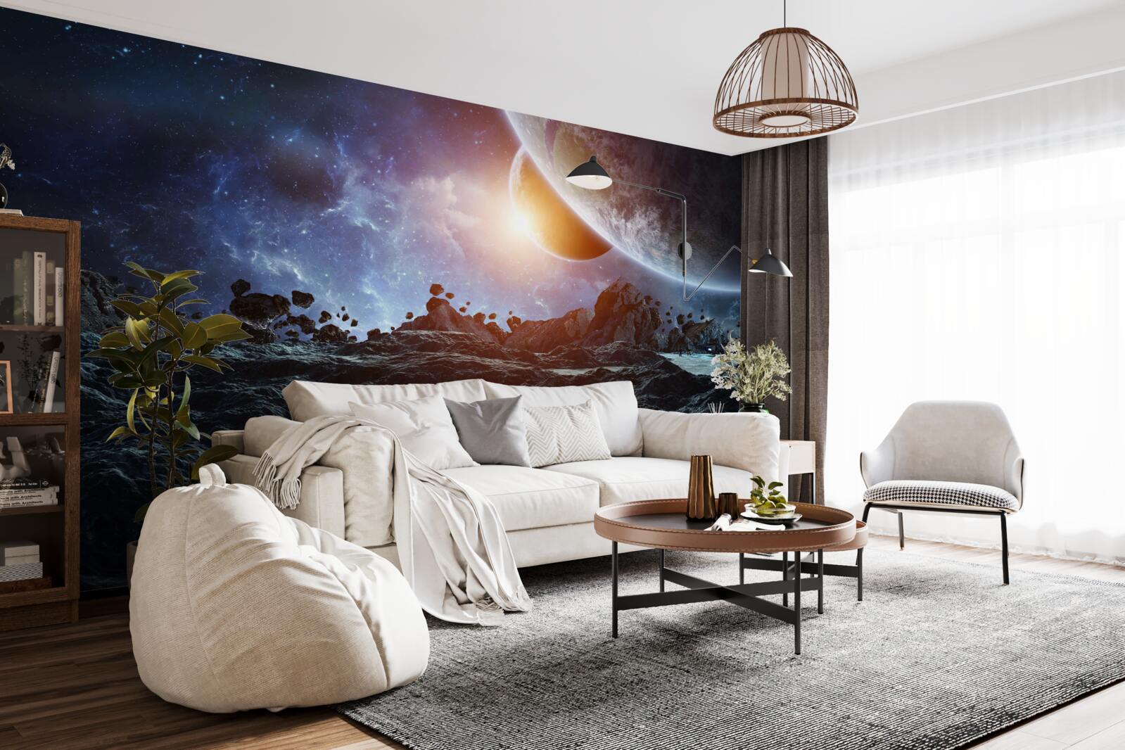 Papier peint un monde futur avec des planètes spatiales