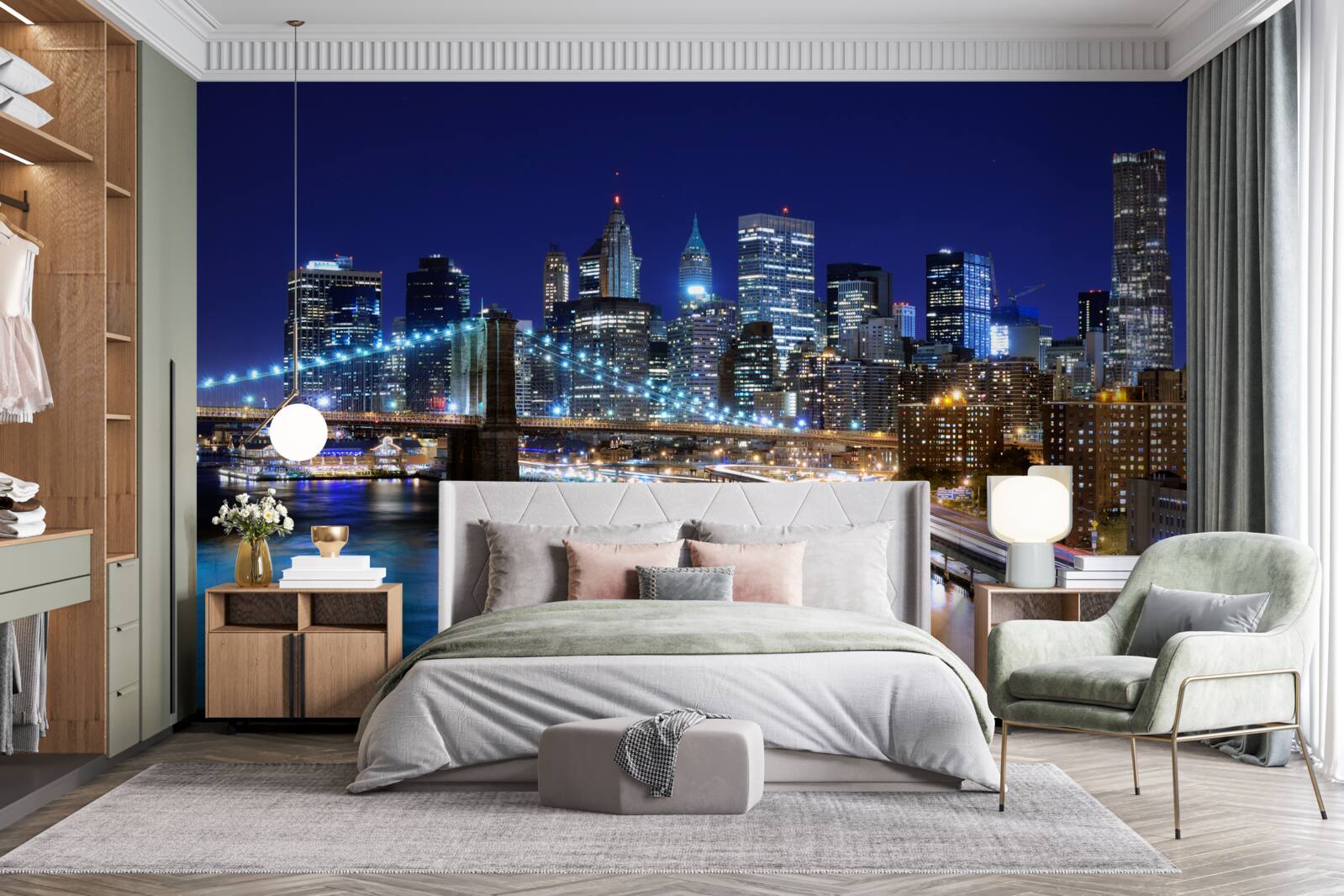 Papier peint le front de mer de manhattan illuminé la nuit