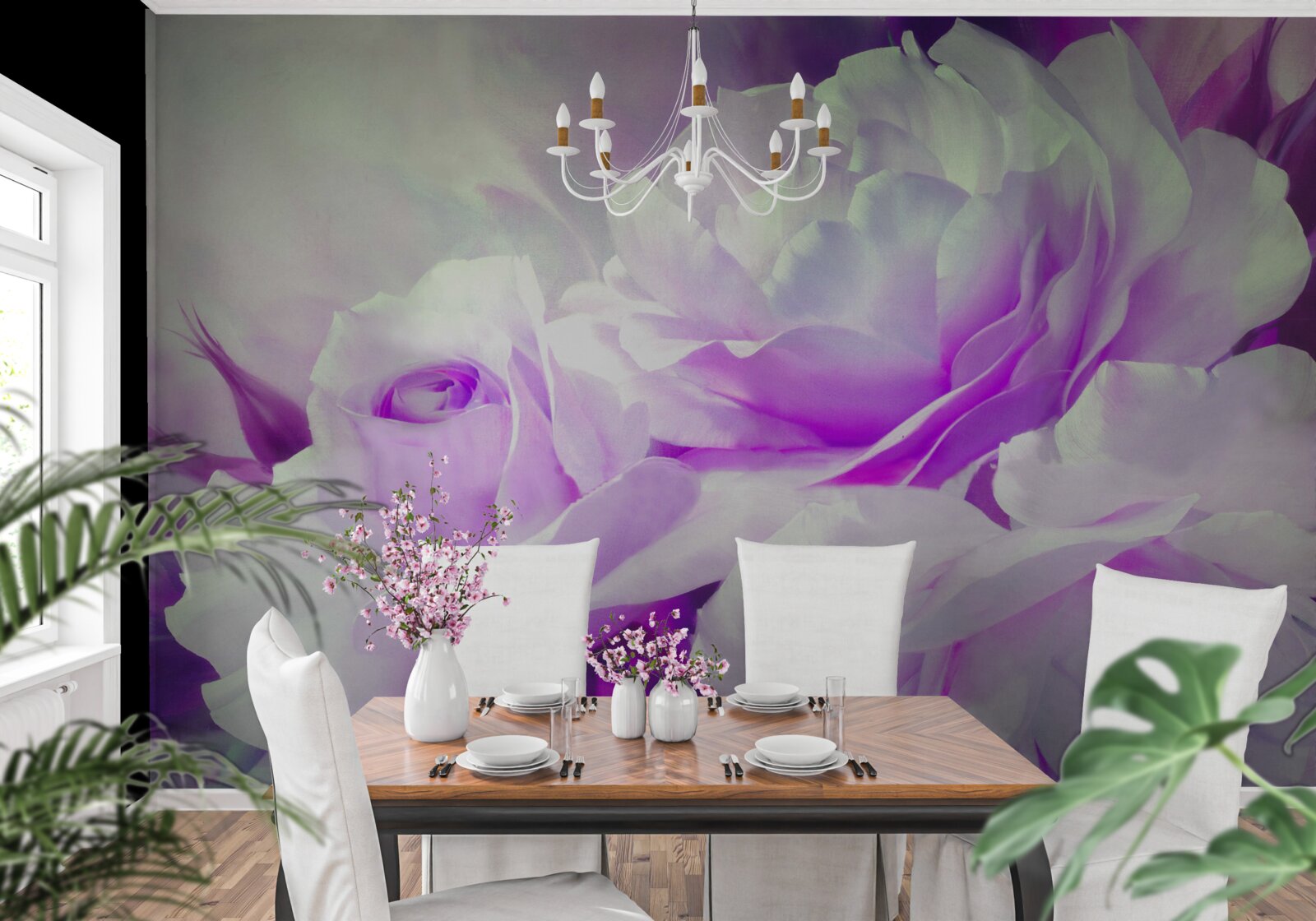 Papier peint Les fleurs sont blanches avec des nuances de lilas et des éclats de couleur.