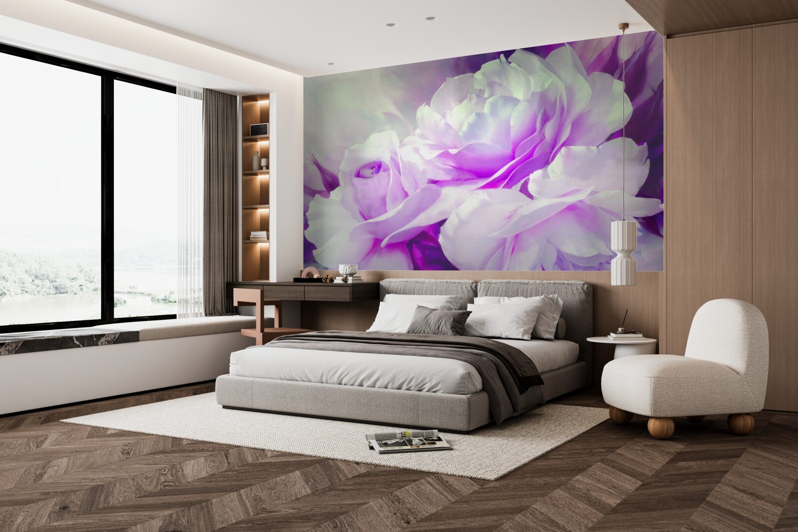 Papier peint Les fleurs sont blanches avec des nuances de lilas et des éclats de couleur.