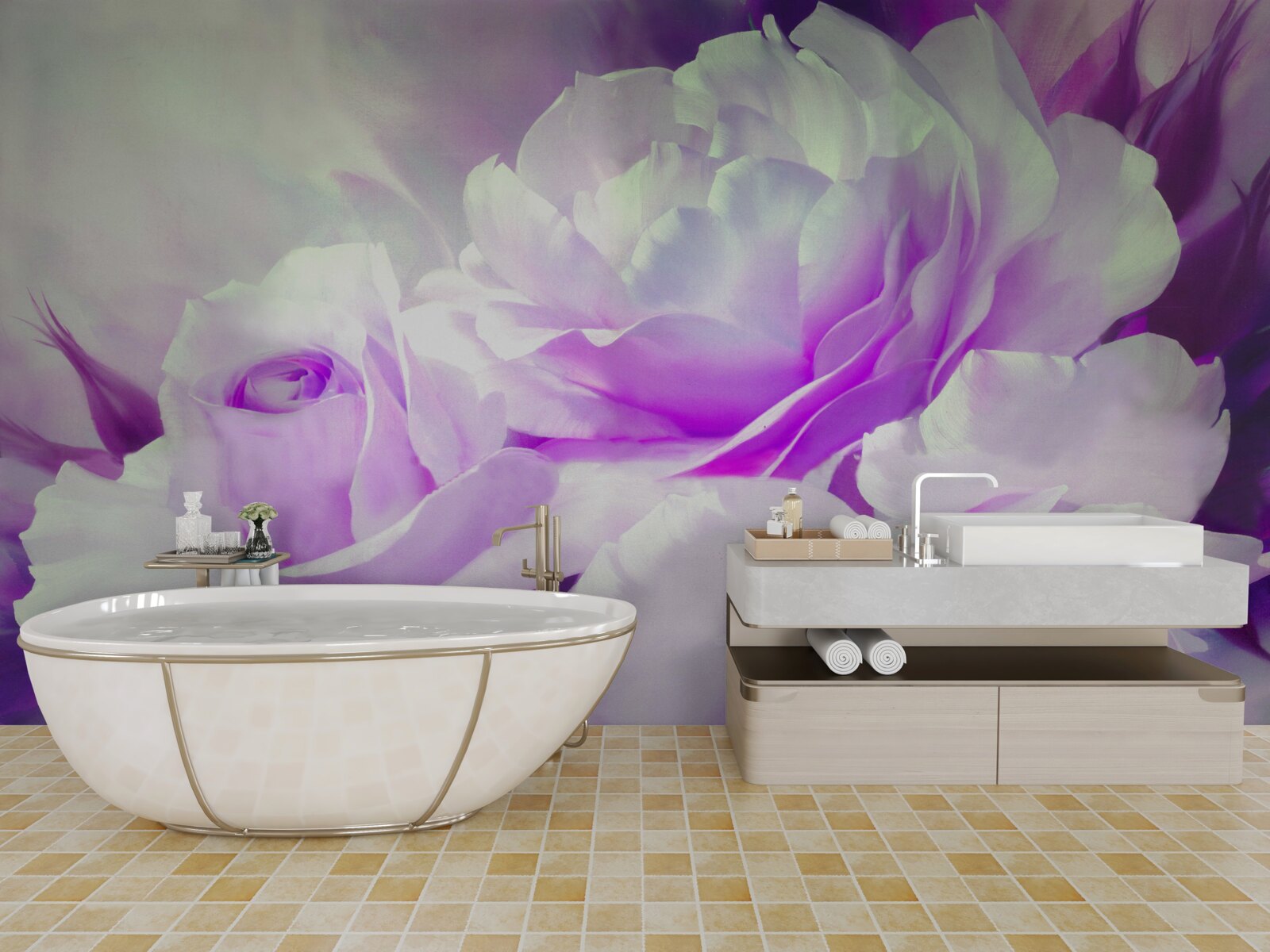 Papier peint Les fleurs sont blanches avec des nuances de lilas et des éclats de couleur.