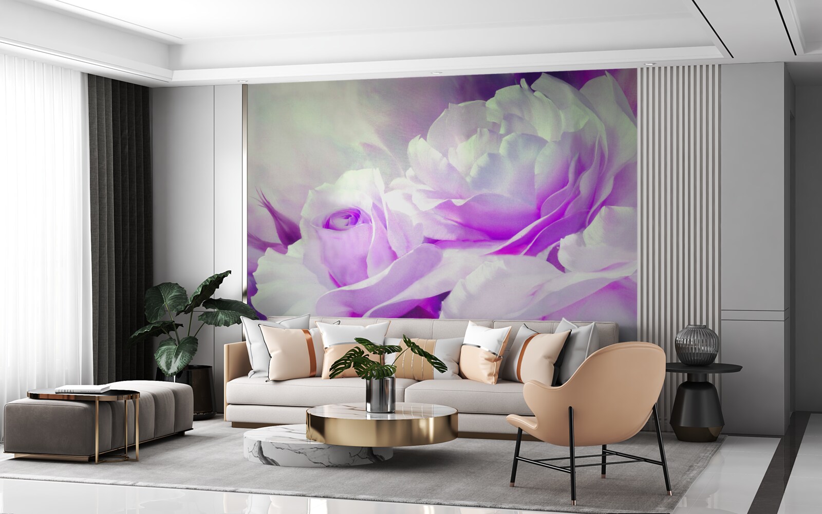 Papier peint Les fleurs sont blanches avec des nuances de lilas et des éclats de couleur.