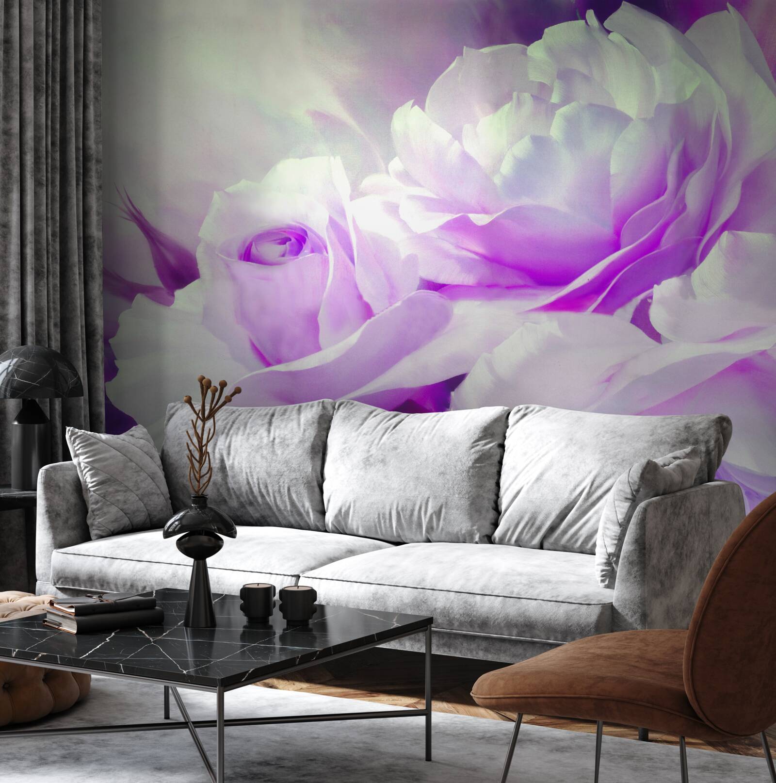 Papier peint Les fleurs sont blanches avec des nuances de lilas et des éclats de couleur.