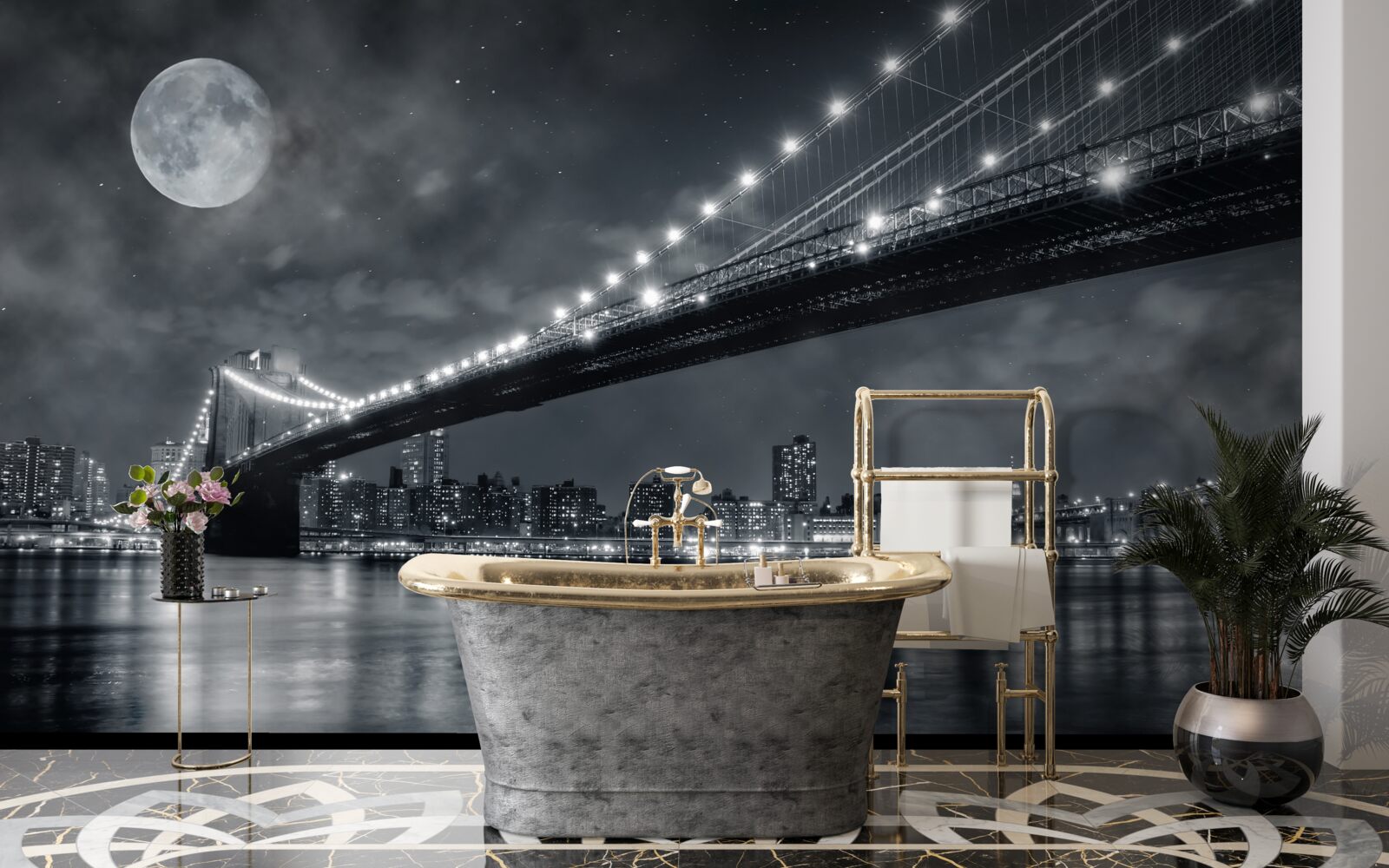 Papier peint nuit et pont de manhattan illuminé