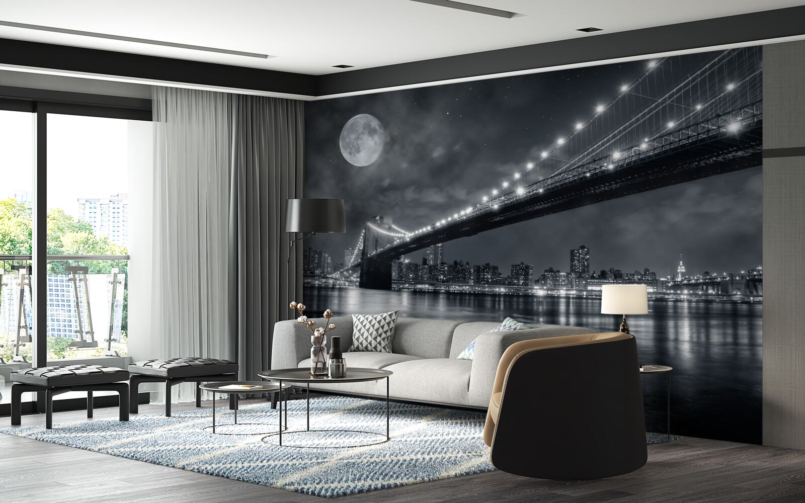 Papier peint nuit et pont de manhattan illuminé