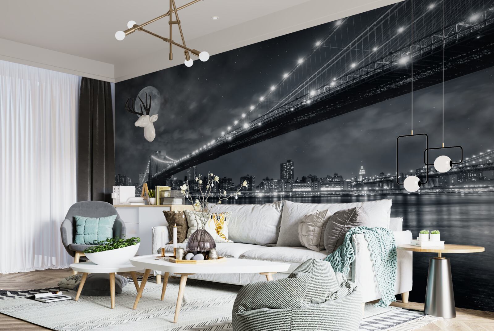 Papier peint nuit et pont de manhattan illuminé