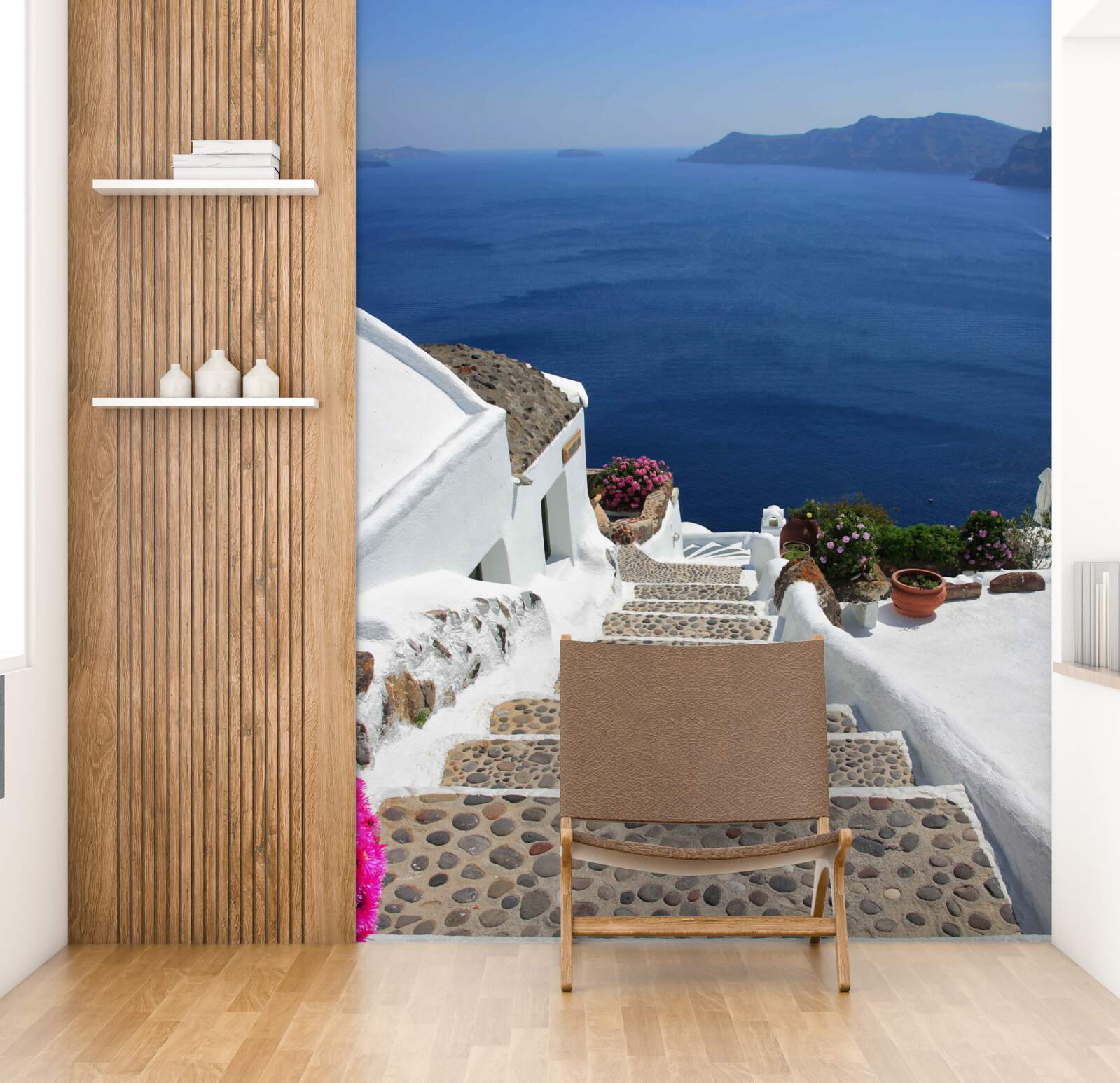 Papier peint escaliers menant à la mer et à la promenade en grèce