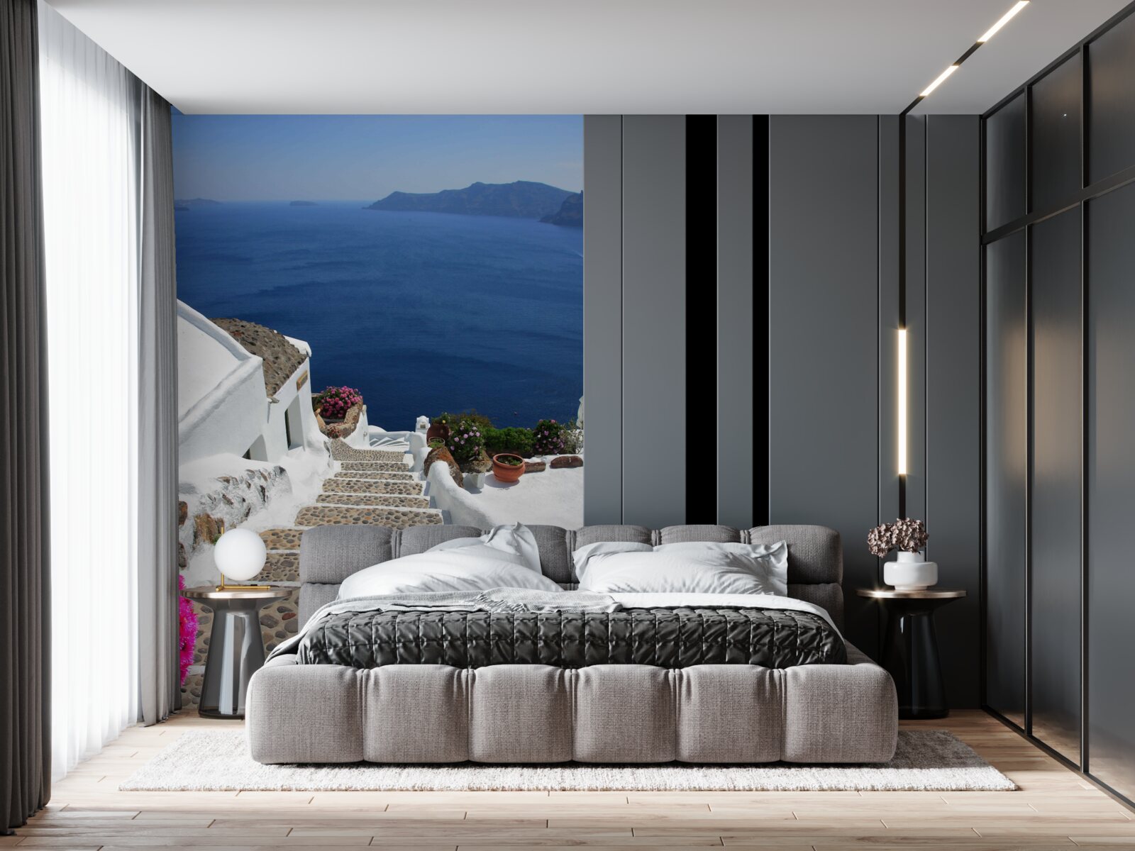 Papier peint escaliers menant à la mer et à la promenade en grèce