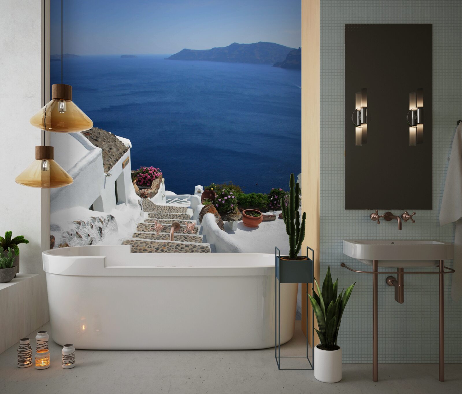 Papier peint escaliers menant à la mer et à la promenade en grèce