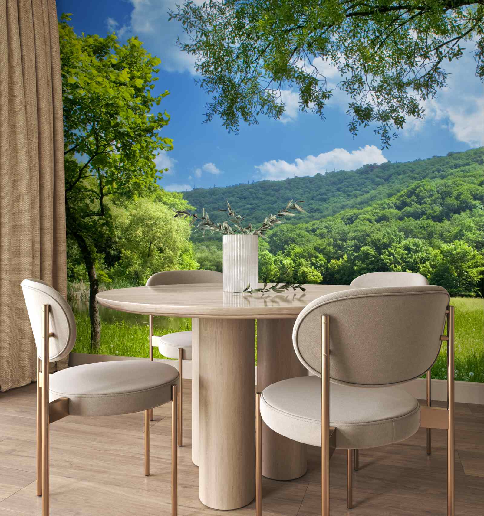 Papier peint journée ensoleillée et lumineuse dans une clairière verte de la forêt