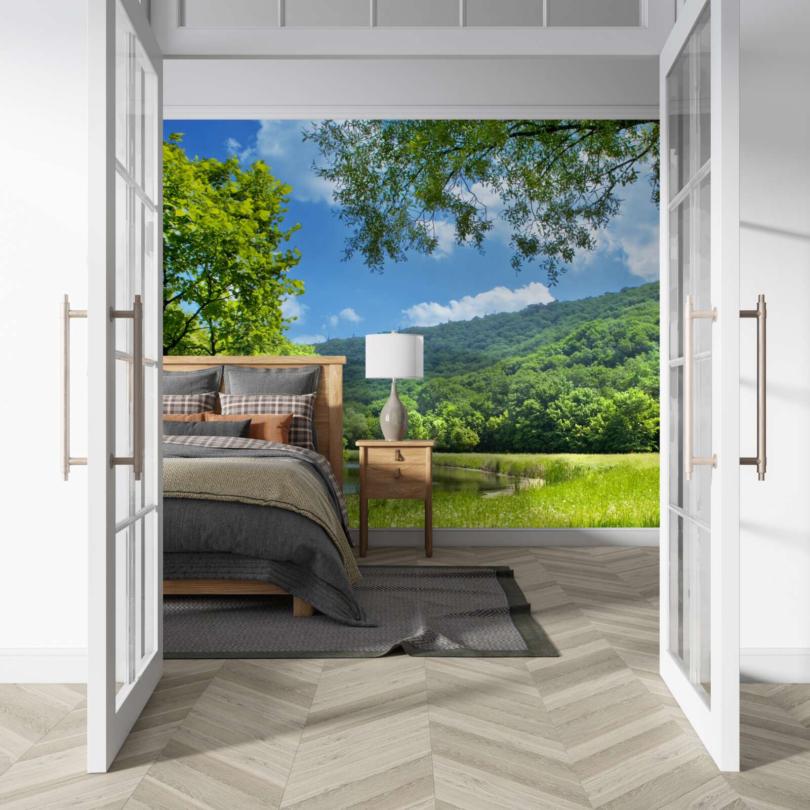 Papier peint journée ensoleillée et lumineuse dans une clairière verte de la forêt