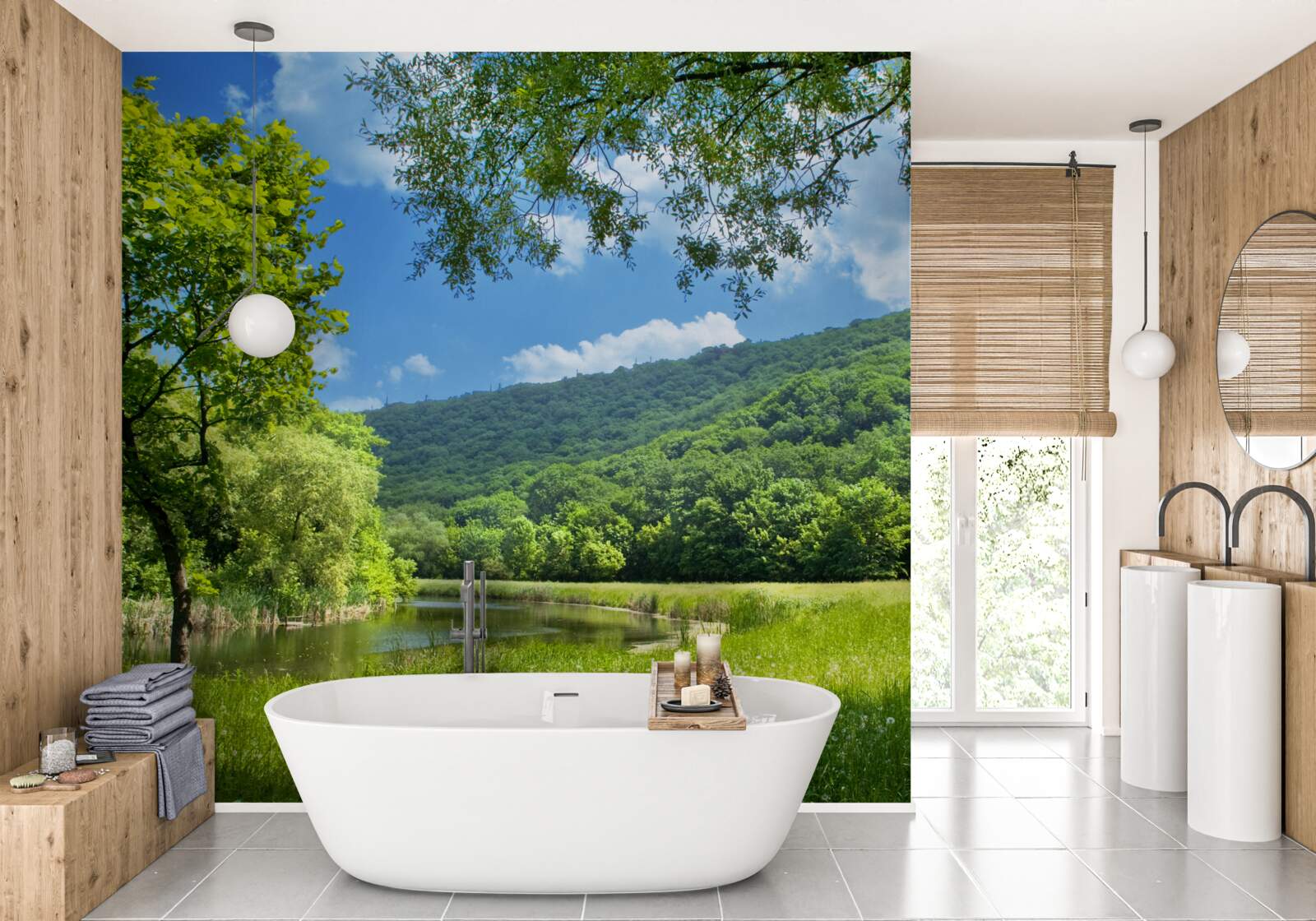 Papier peint journée ensoleillée et lumineuse dans une clairière verte de la forêt