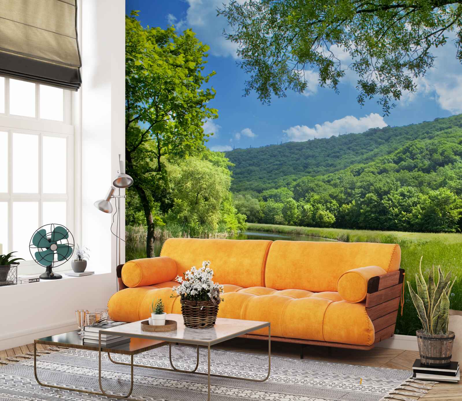 Papier peint journée ensoleillée et lumineuse dans une clairière verte de la forêt