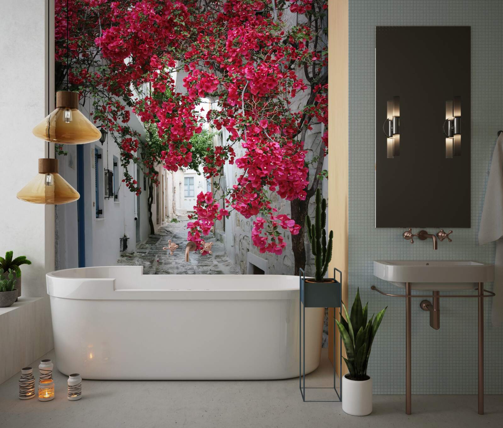 Papier peint des arbustes luxuriants sont suspendus aux murs de la rue